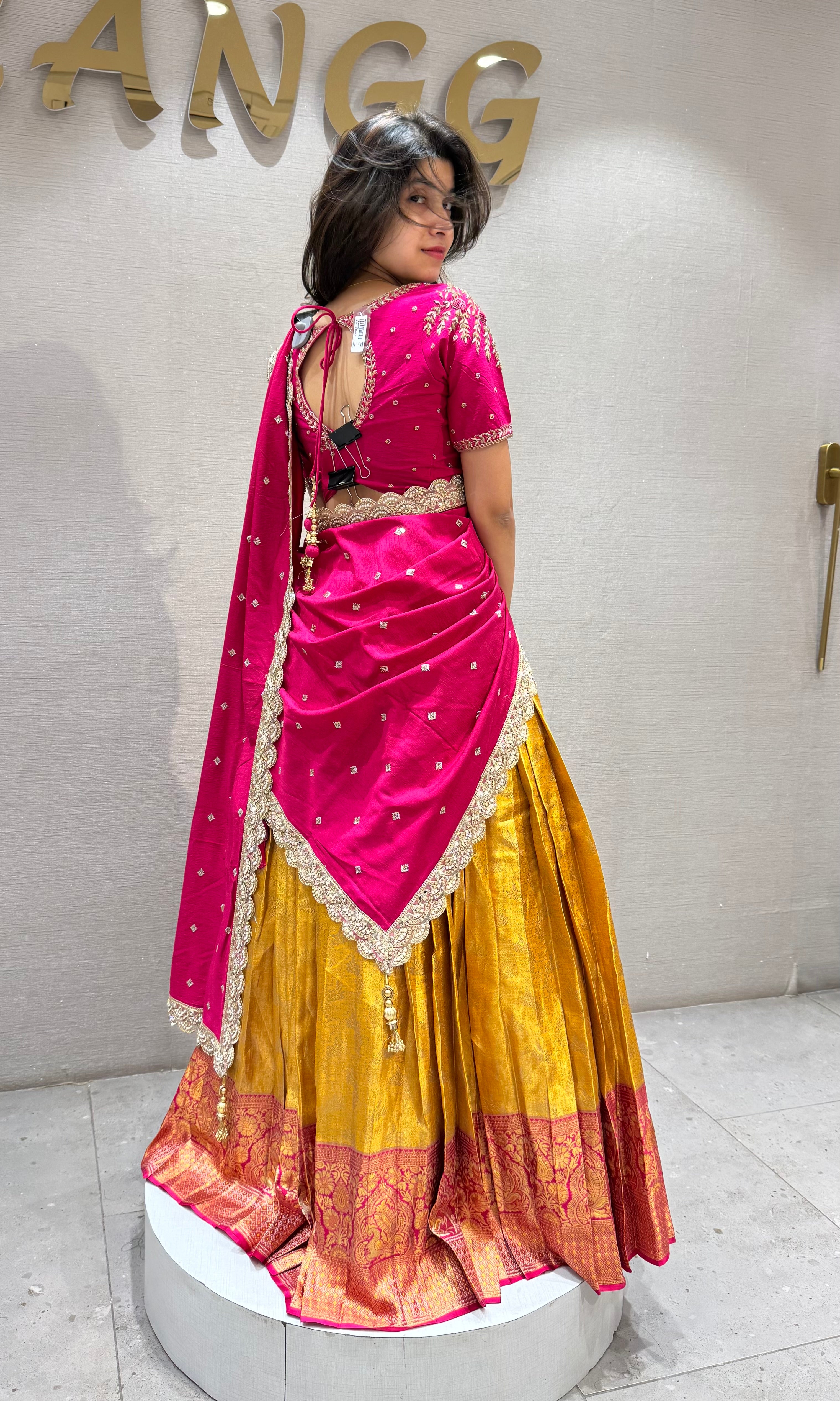 Pink & yellow Pattu Pavadai Half saree set