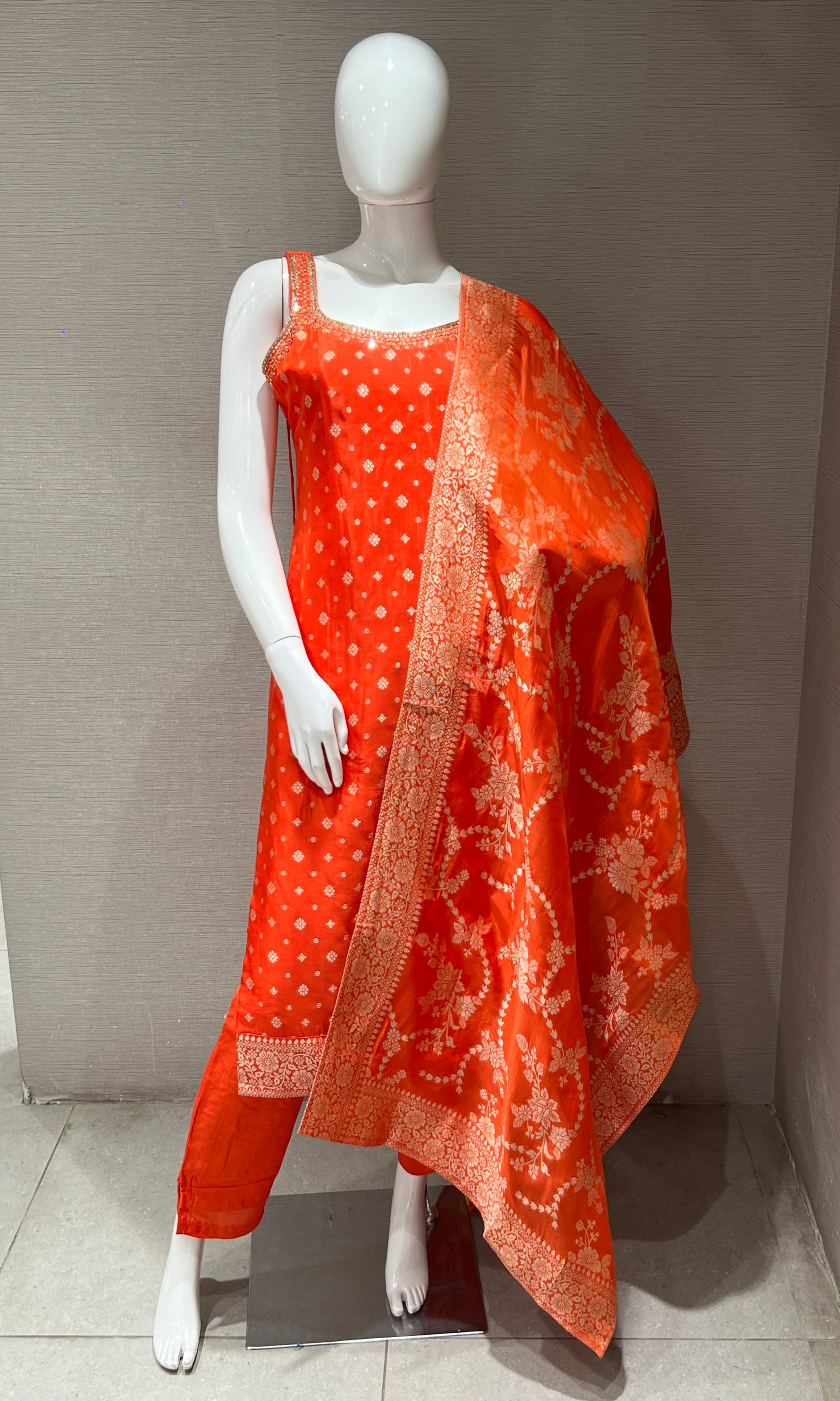 orange embroidered kurta set with dupatta