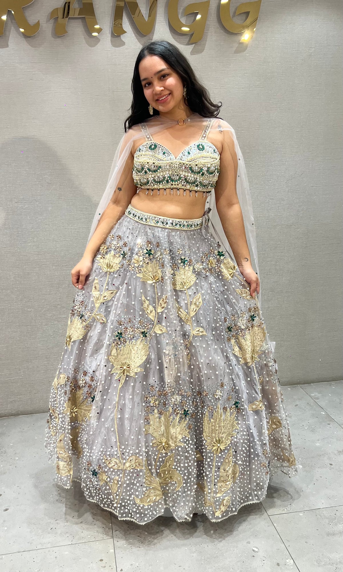 grey and gold soft net Crystal pastel bridal lehenga set