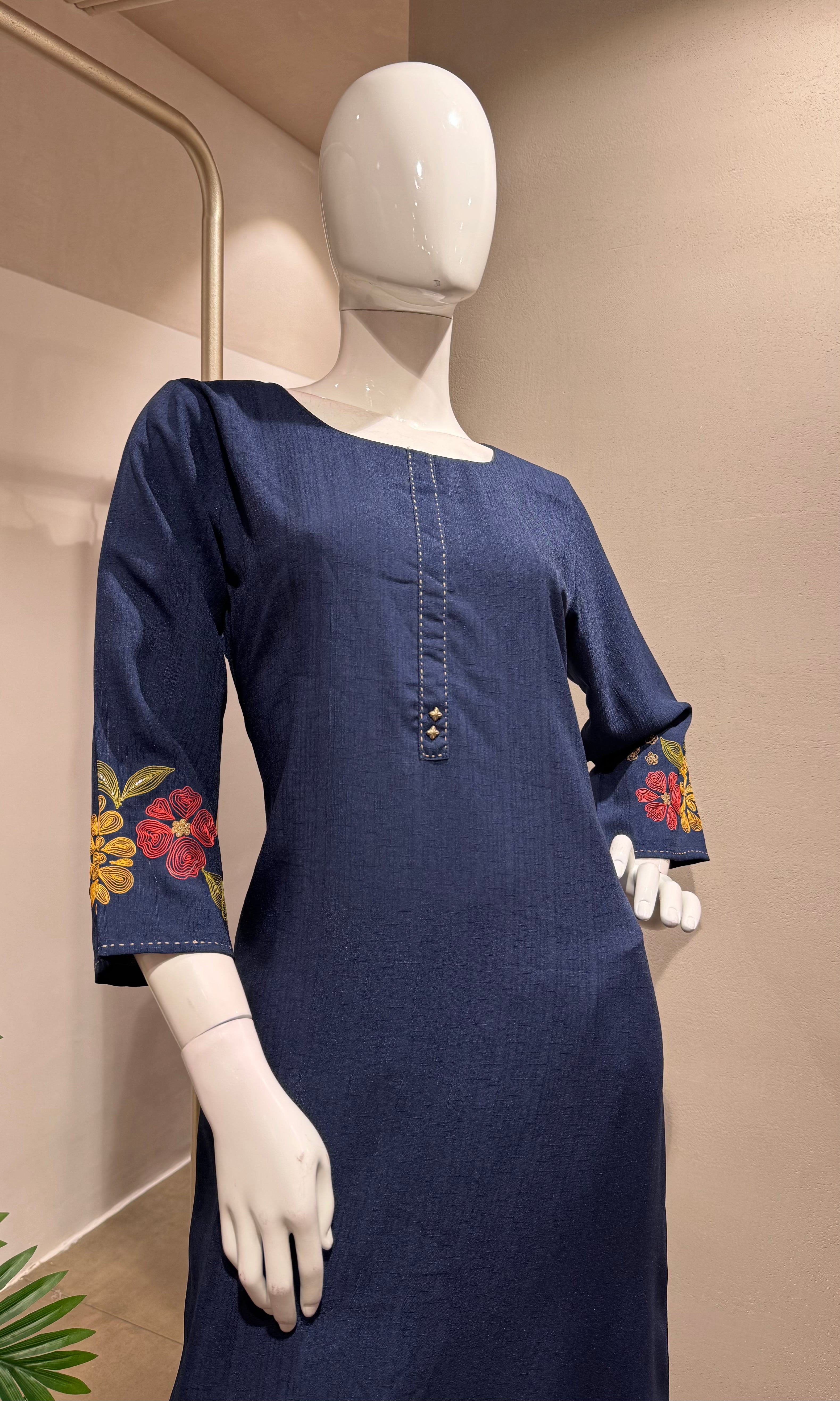 BLUE Floral Embroidery KURTI WITH BOTTOM