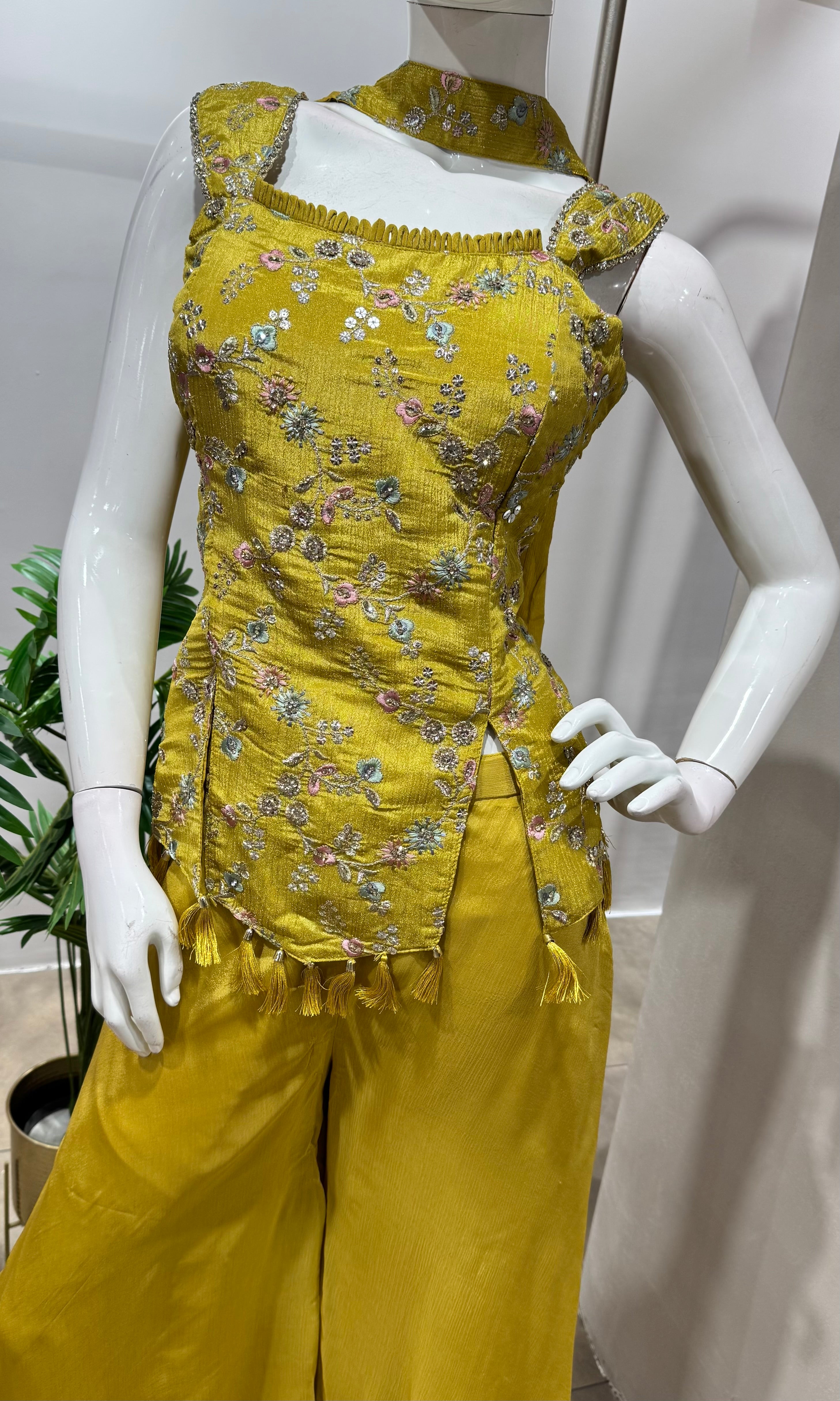 Mustard embroidered peplum palazzo set