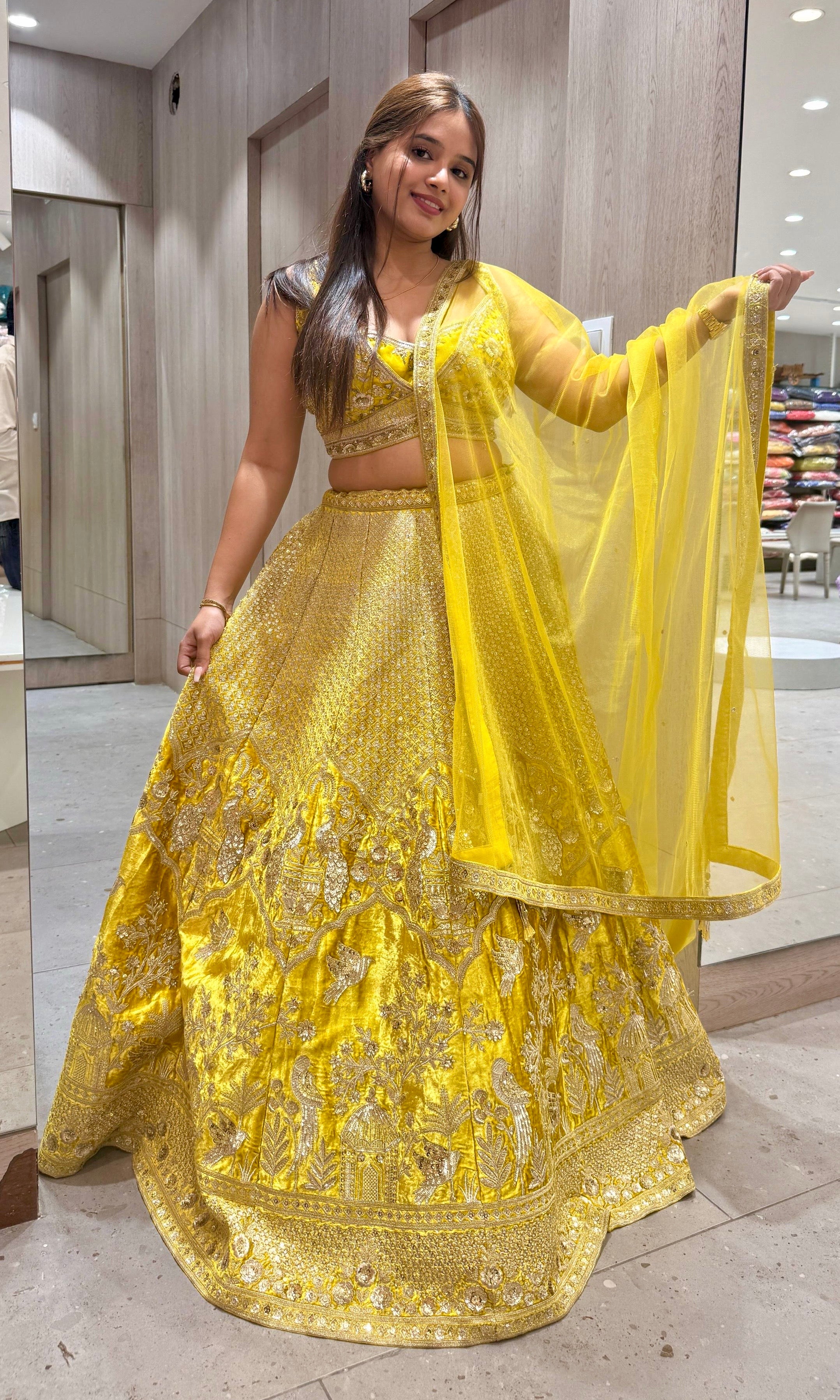 Yellow Pure Velvet Lehenga with Antique Gold Zardozi Work