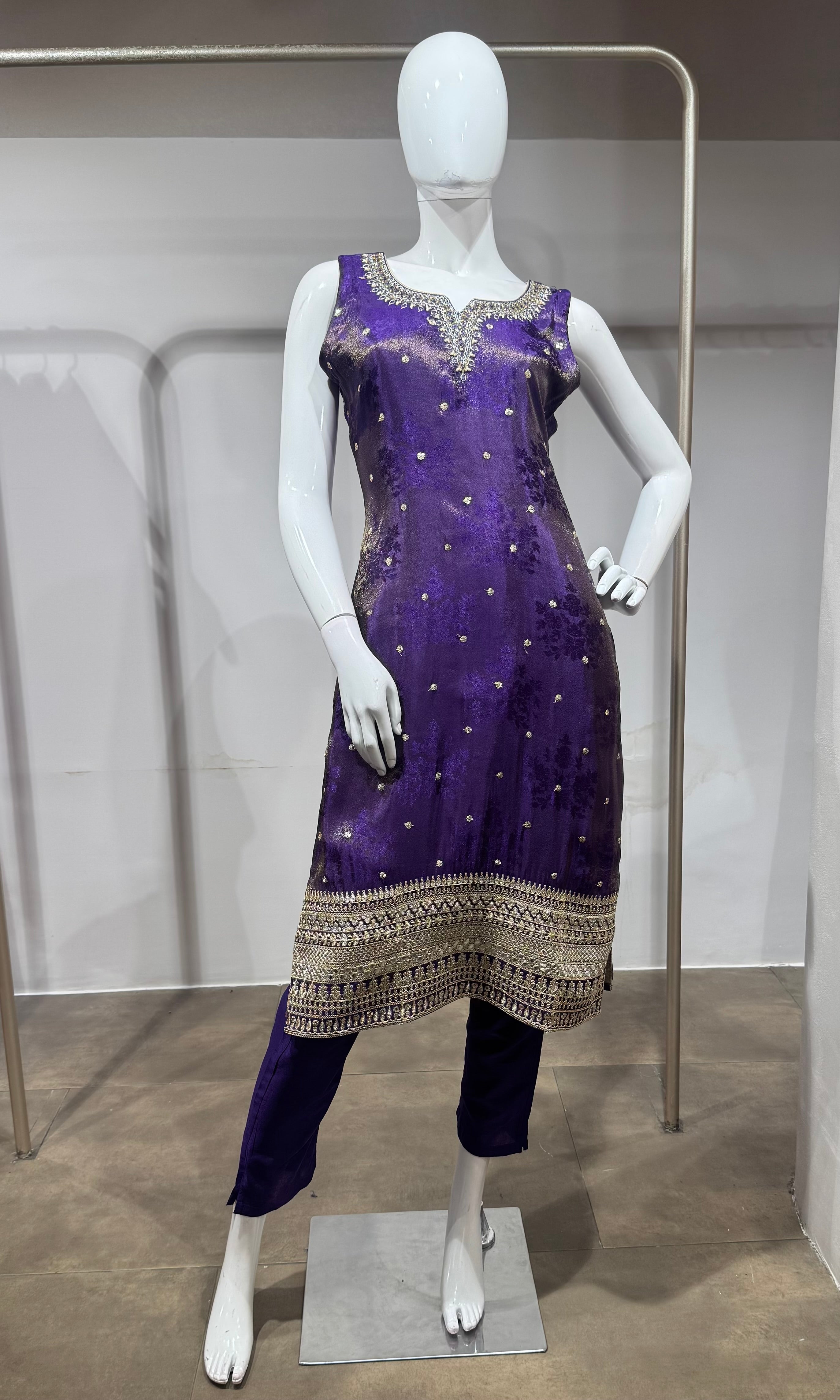 purple and gold embroidered kurta set