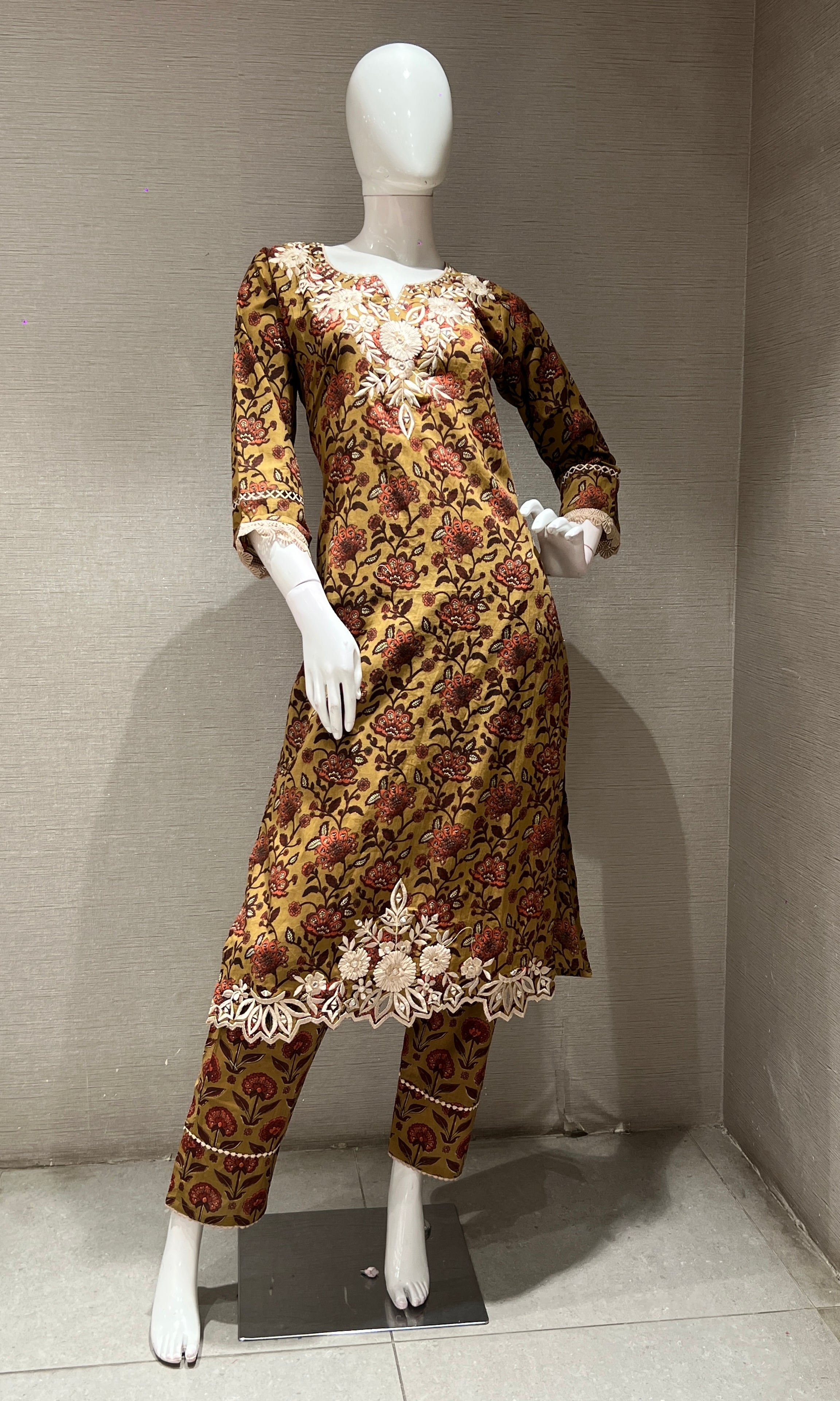 MUSTARD YELLOW printed EMBROIDERED KURTA SET