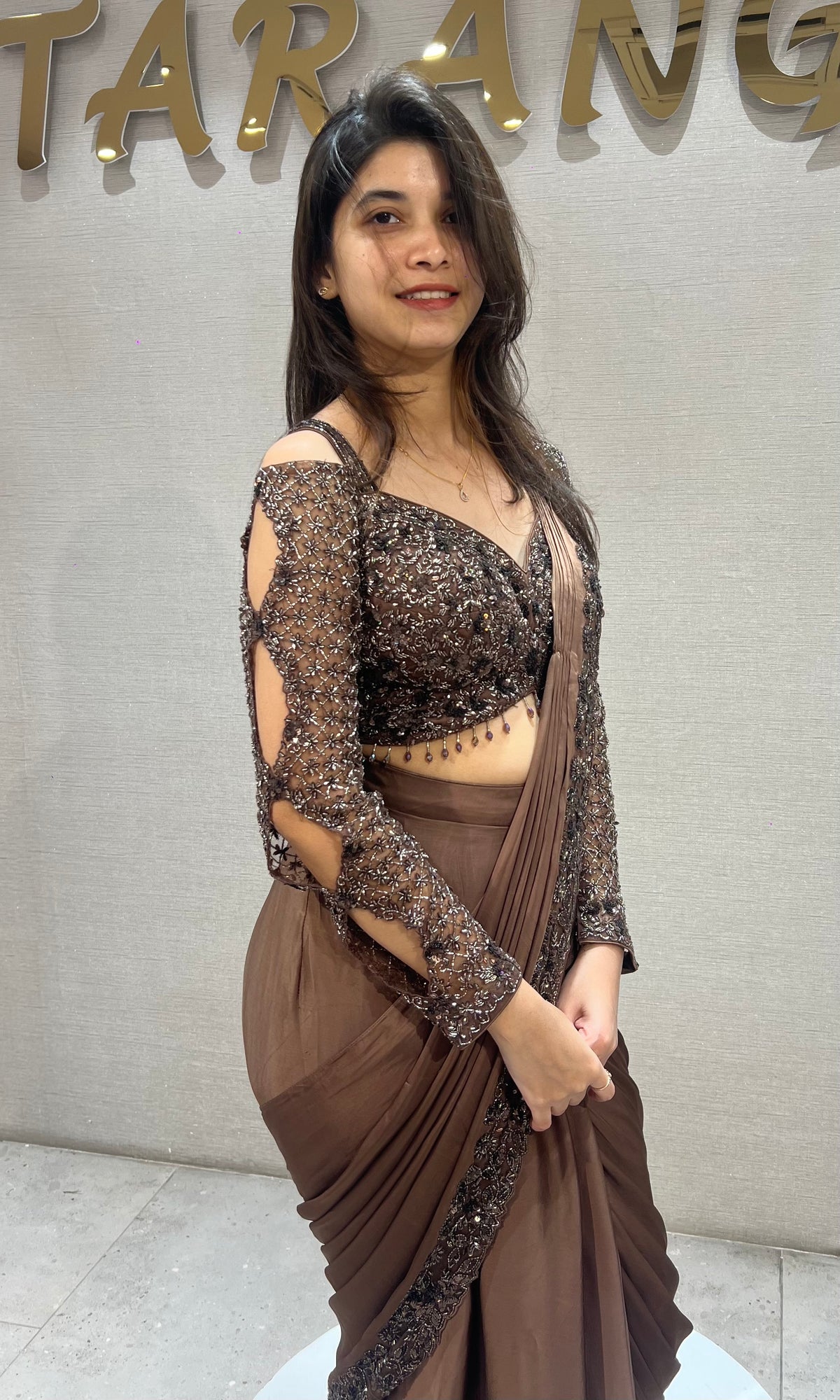 Chocolate Brown Draped Satin Saree Set