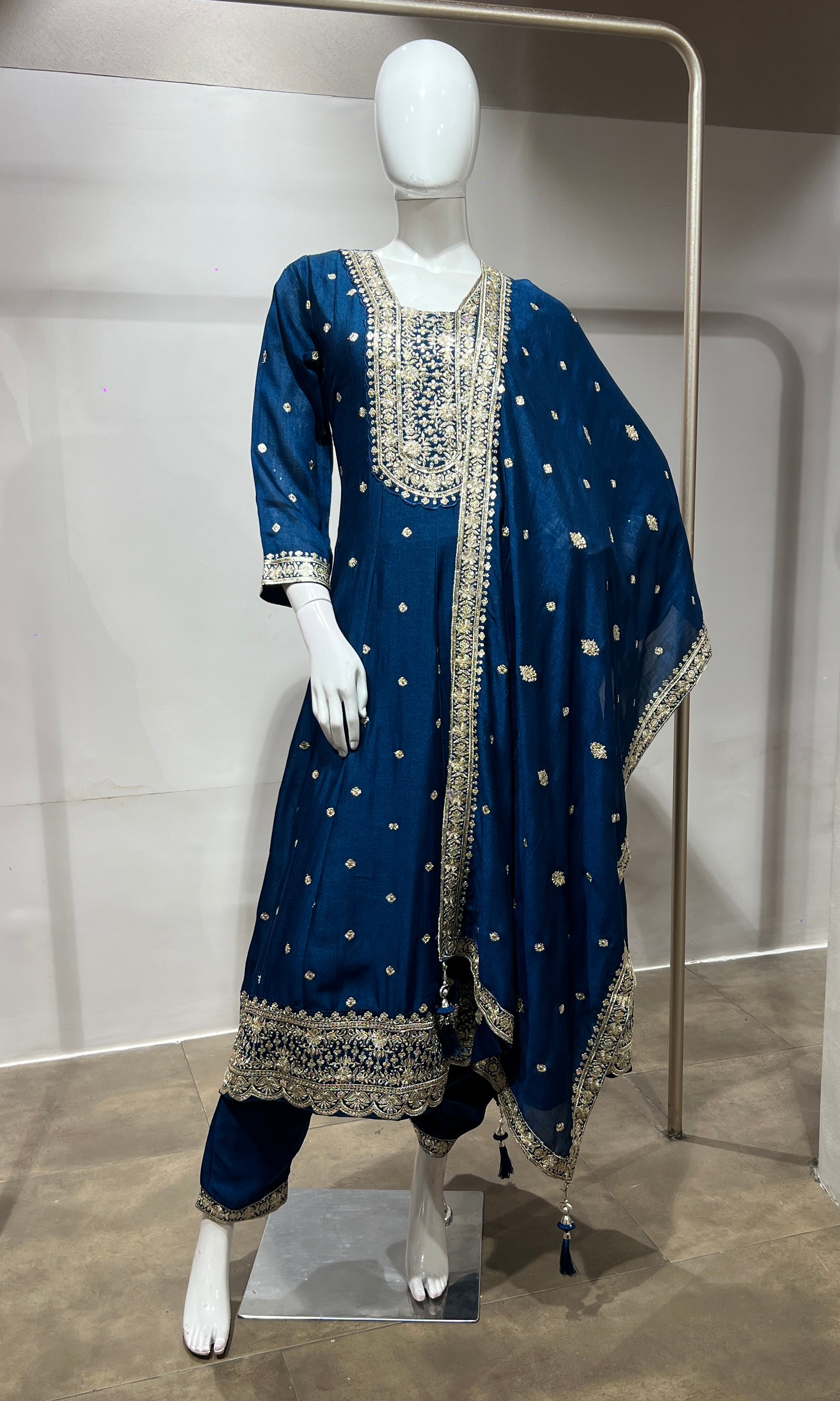 Blue gold embroidered Anarkali set