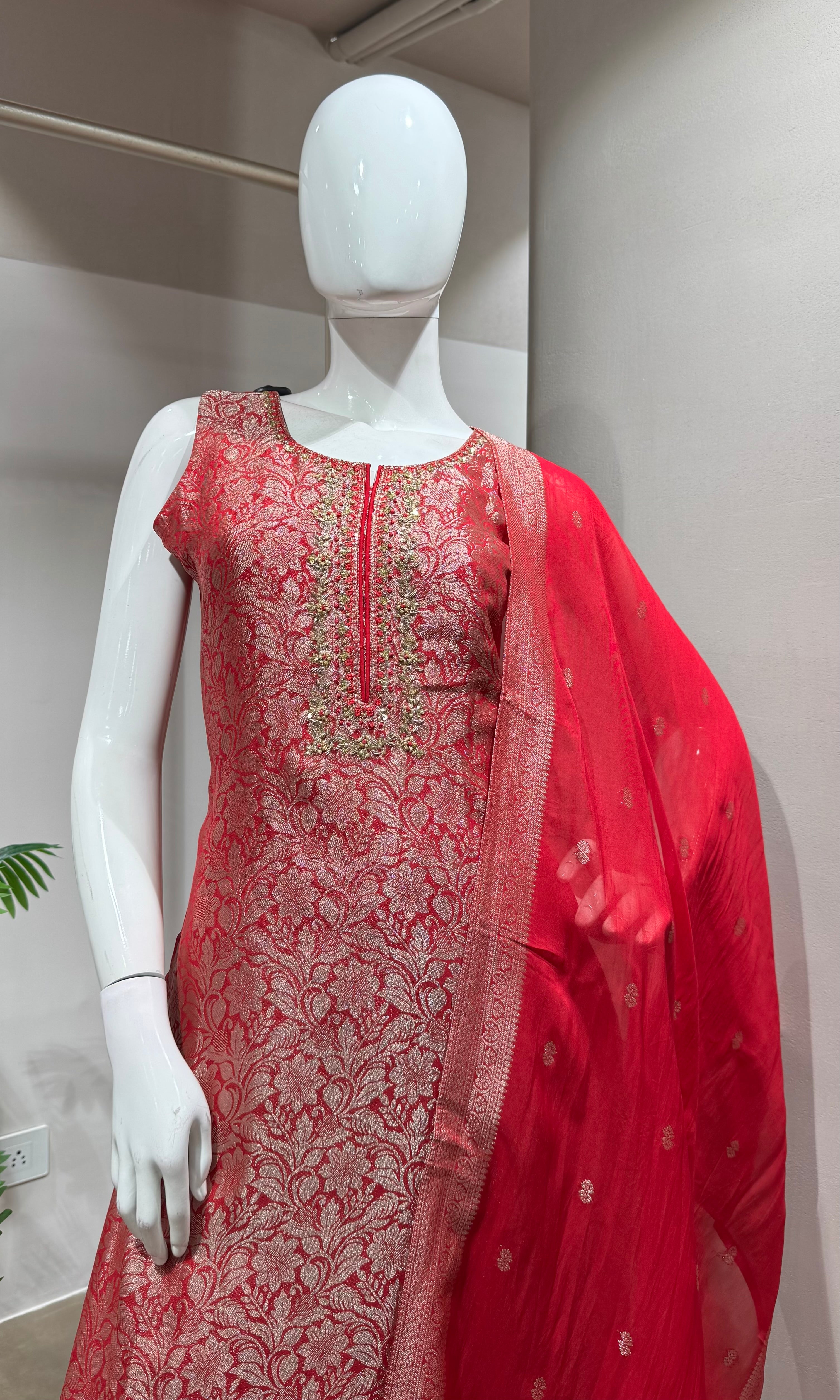 RANI pink Banarasi kurta set