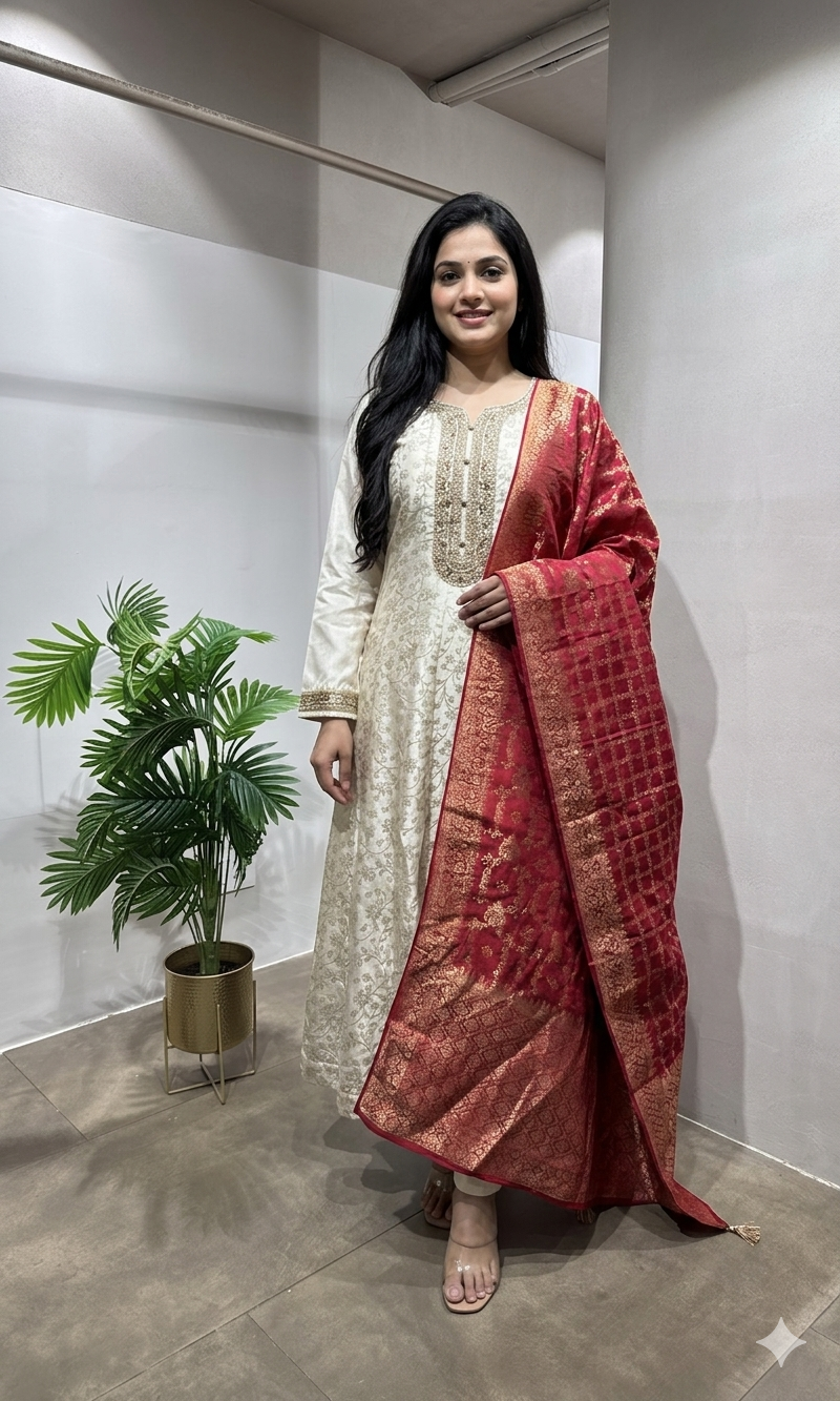 cream Banarasi silk anarkali set