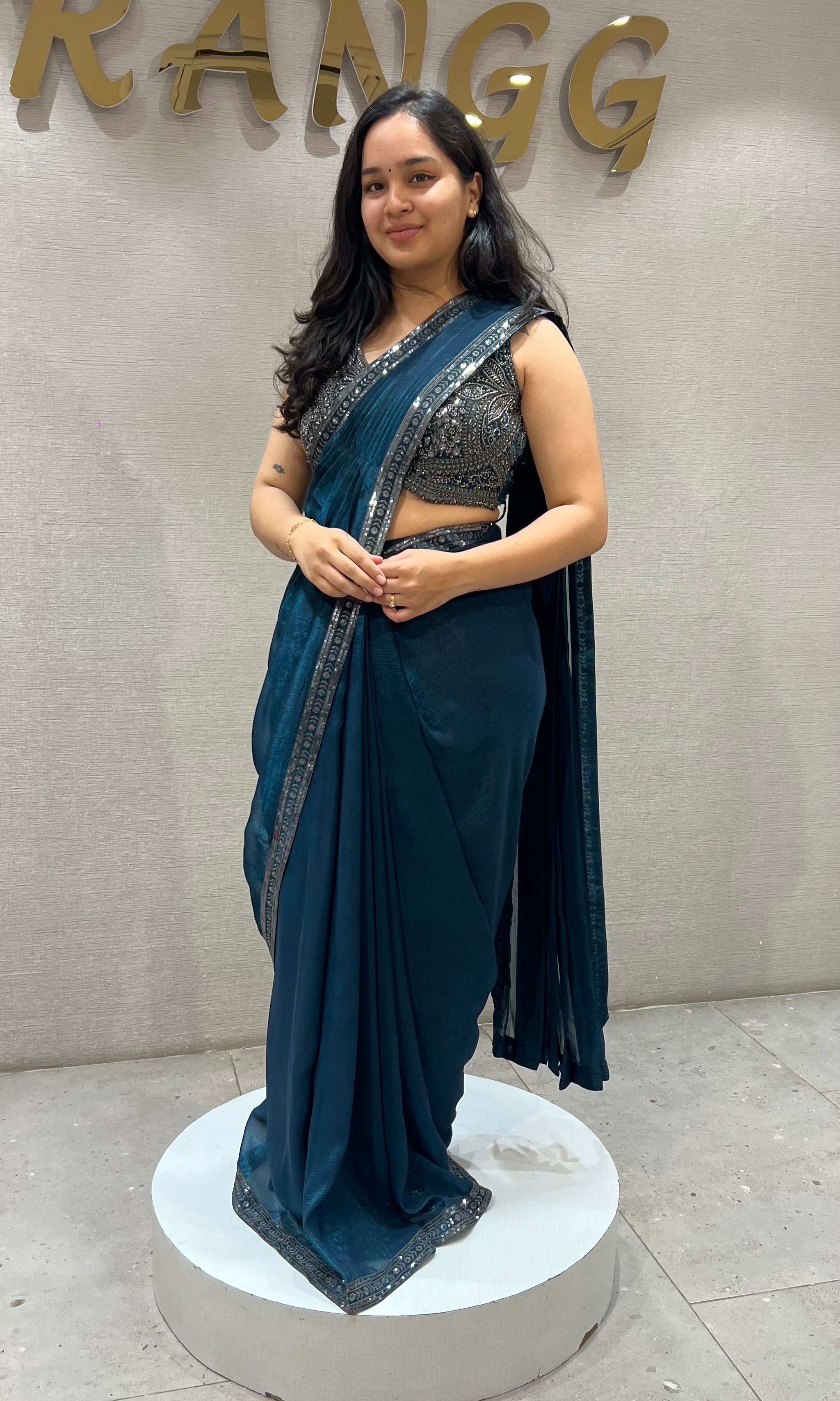Peacock Blue Georgette Draped Saree