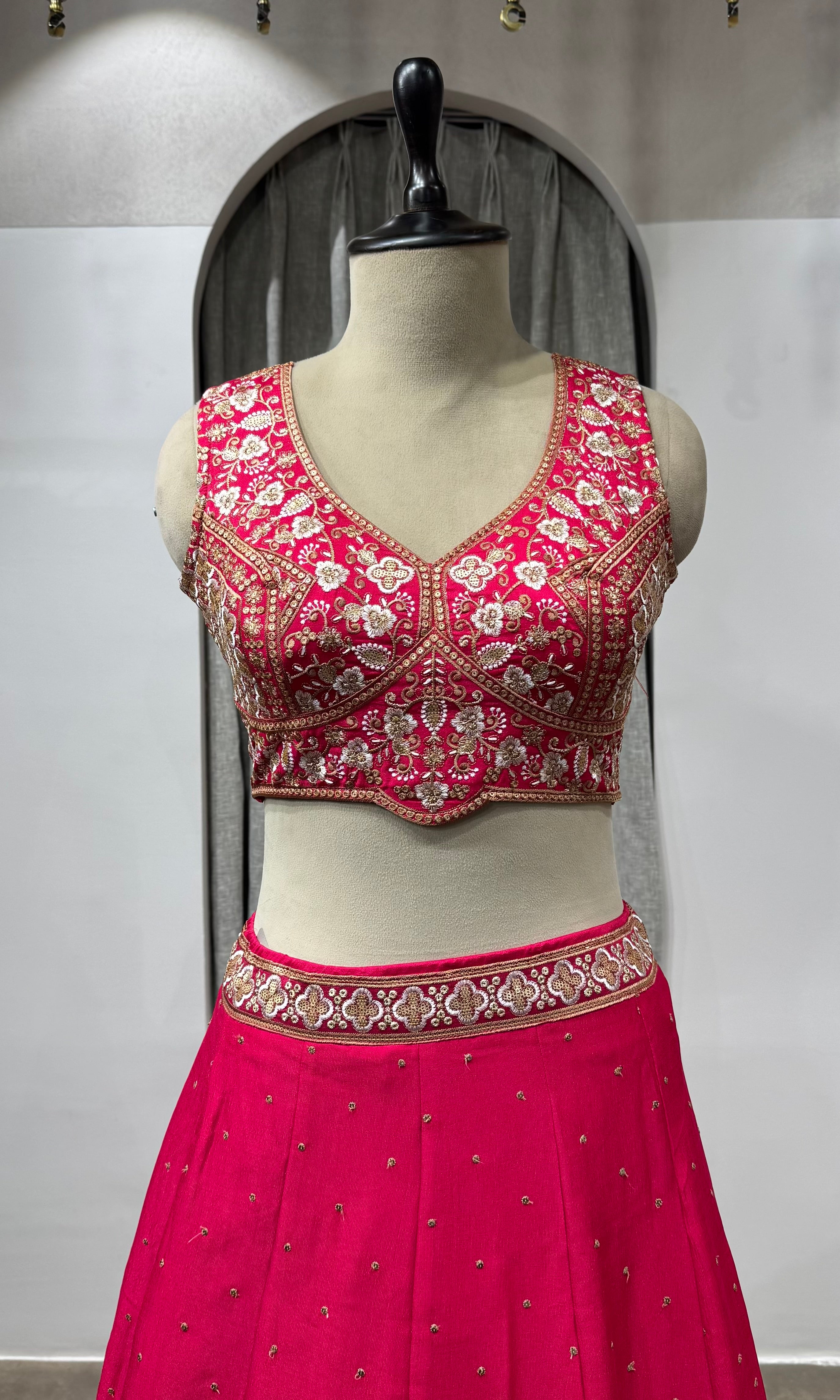 pink raw silk embroidered lehenga set