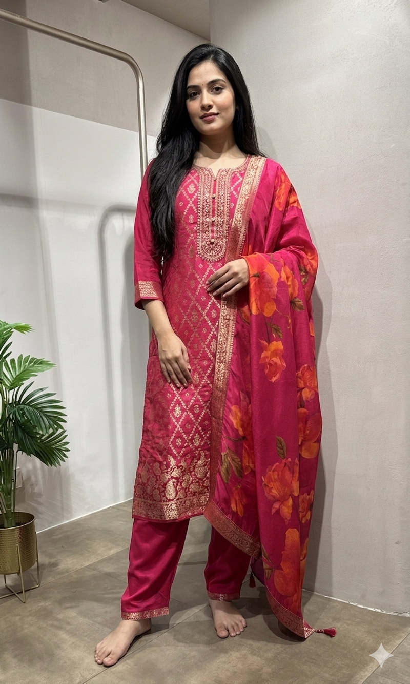 Pink Woven Design Silk KURTA Suit with Dupatta