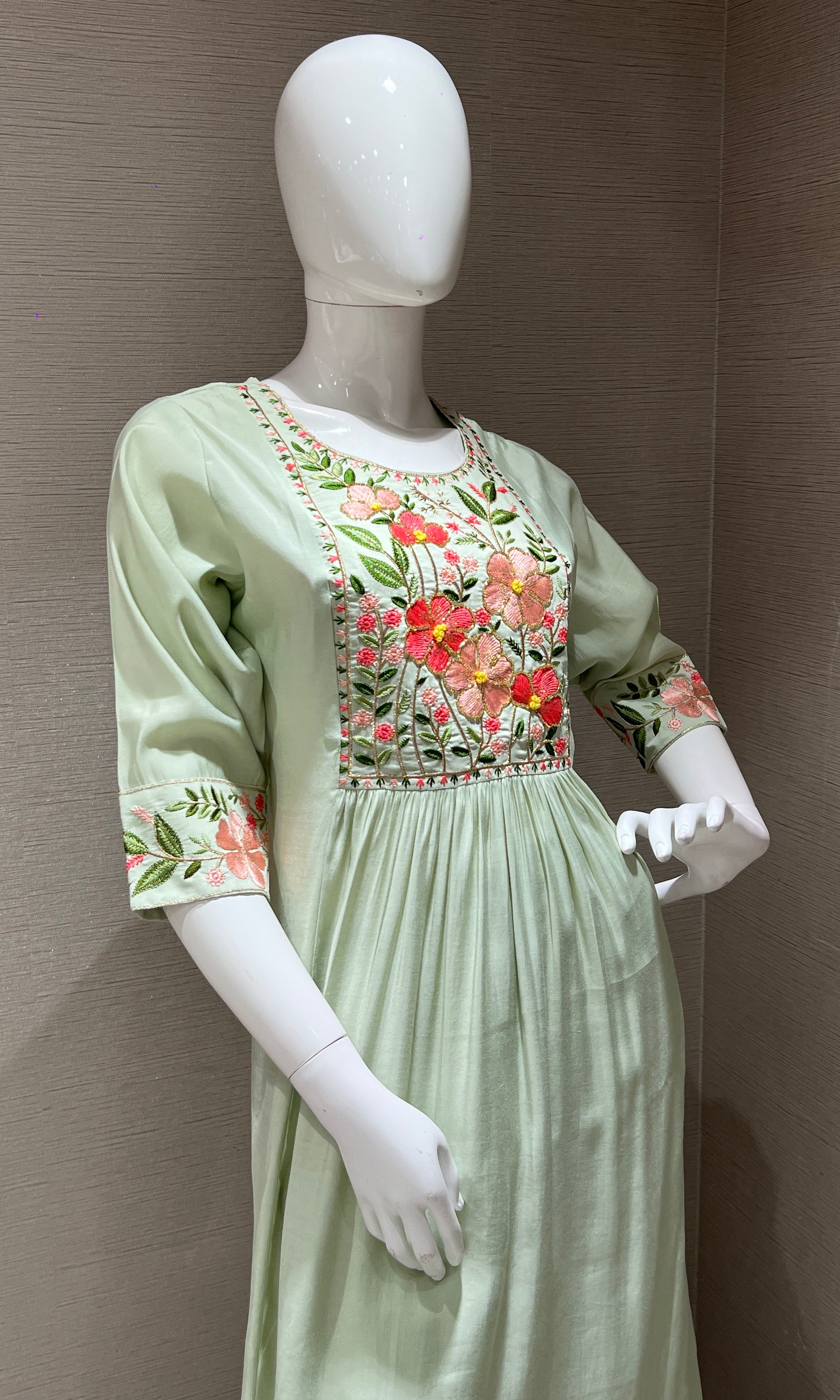 Pista Green Floral Charm Mul Chanderi kurta set