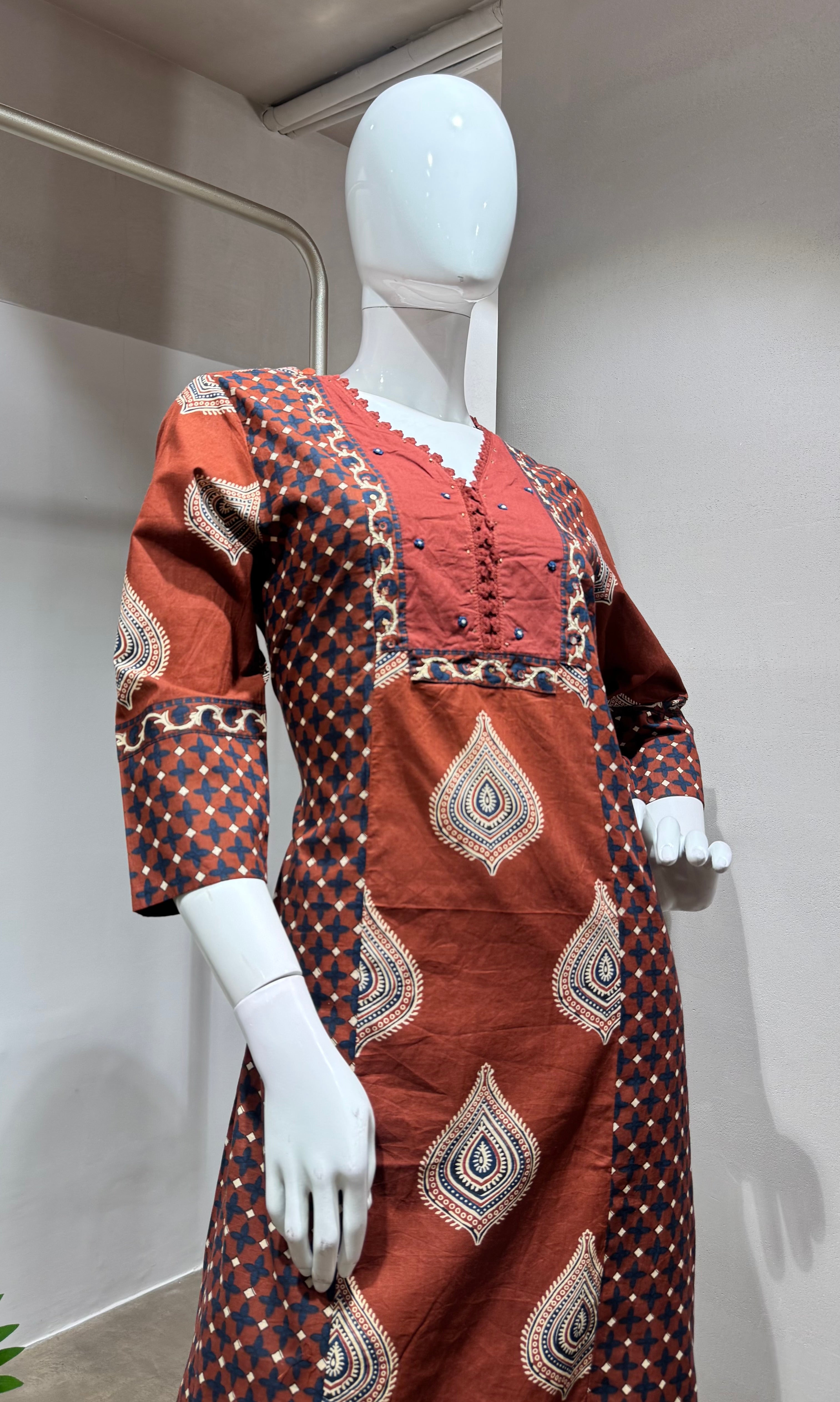 Brown block print design kurta set