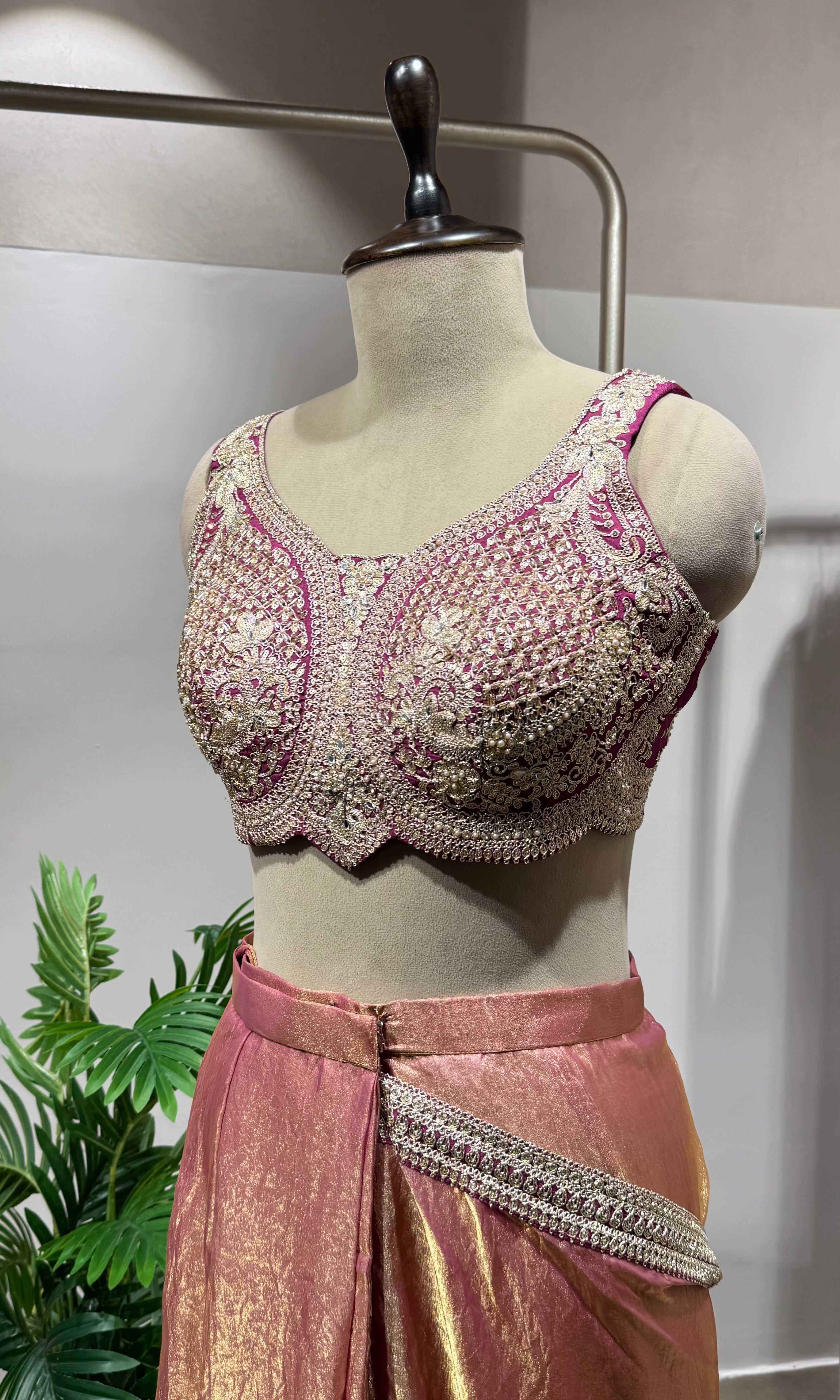 Wine drape saree with embellished blouse