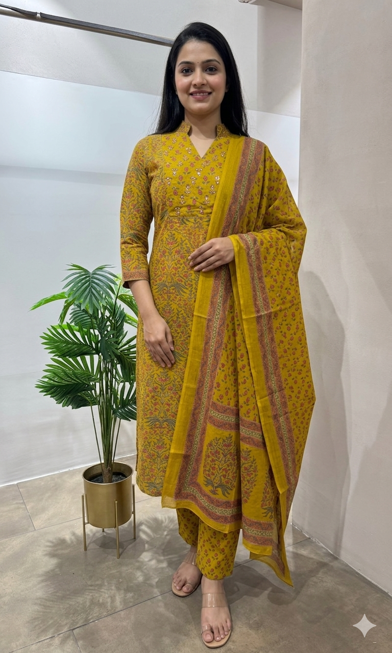 MUSTARD ETHNIC PRINTED KURTA SET