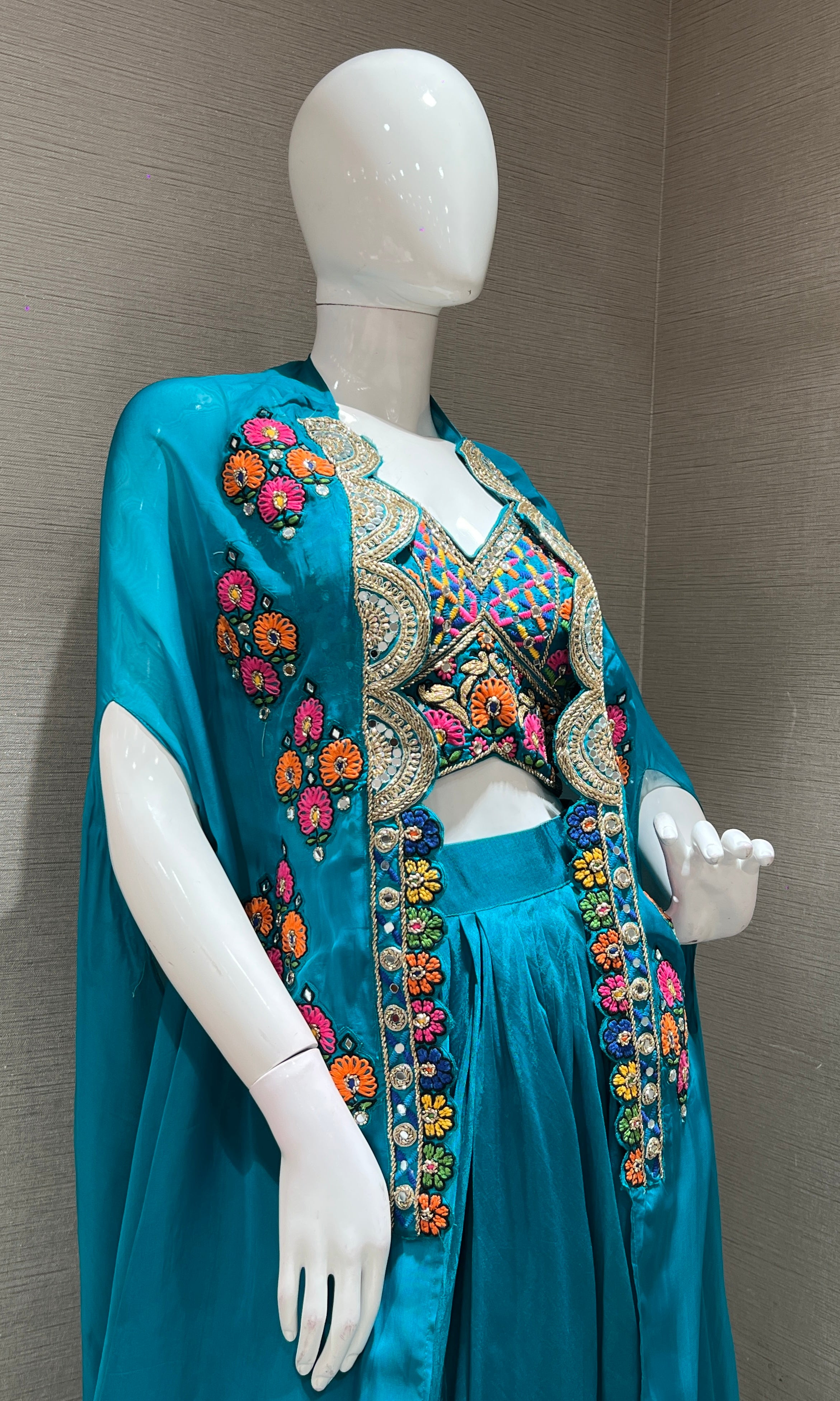 Rama blue SKIRT WITH FLORAL BLOUSE AND CAPE