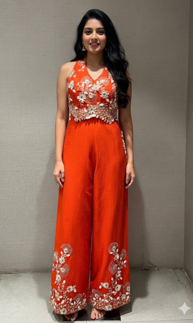 Orange FLOWER EMBROIDERY jumpsuit