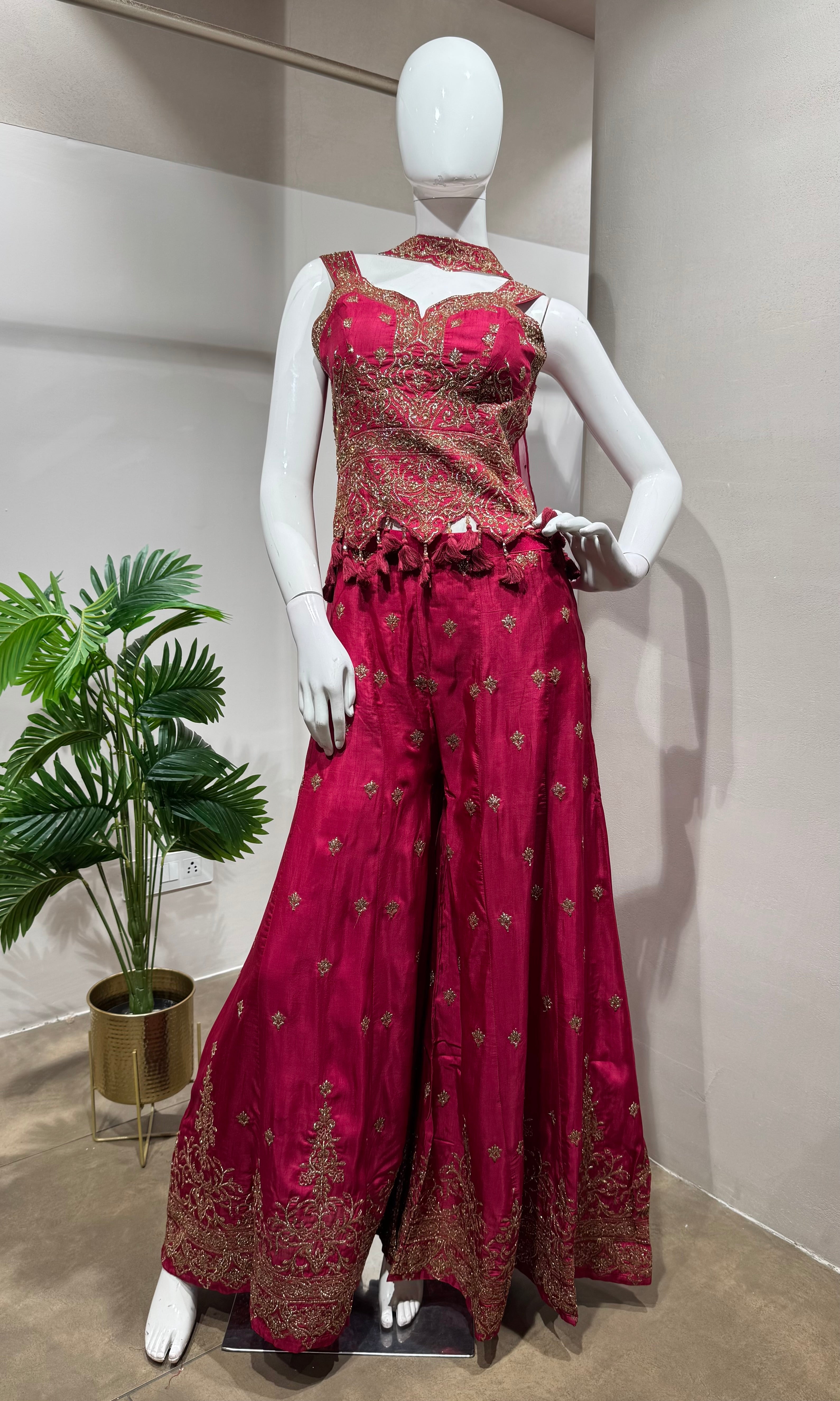 Pink Embroidered Peplum & Palazzo Ensemble