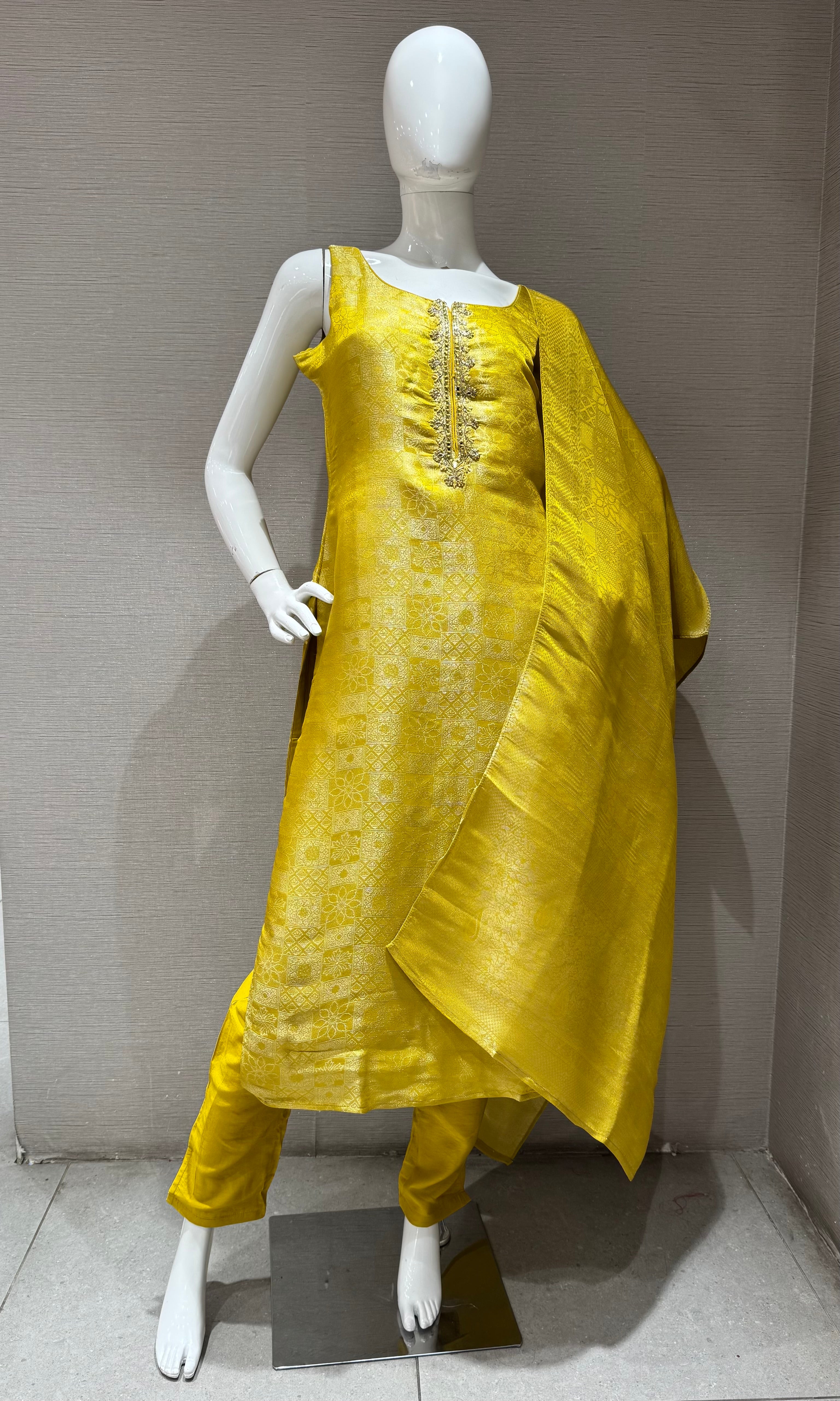 Yellow silk jaquard Kurta set