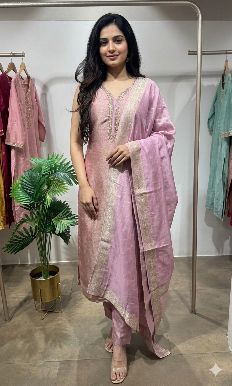 Pink Tissue embroidered Straight Cut