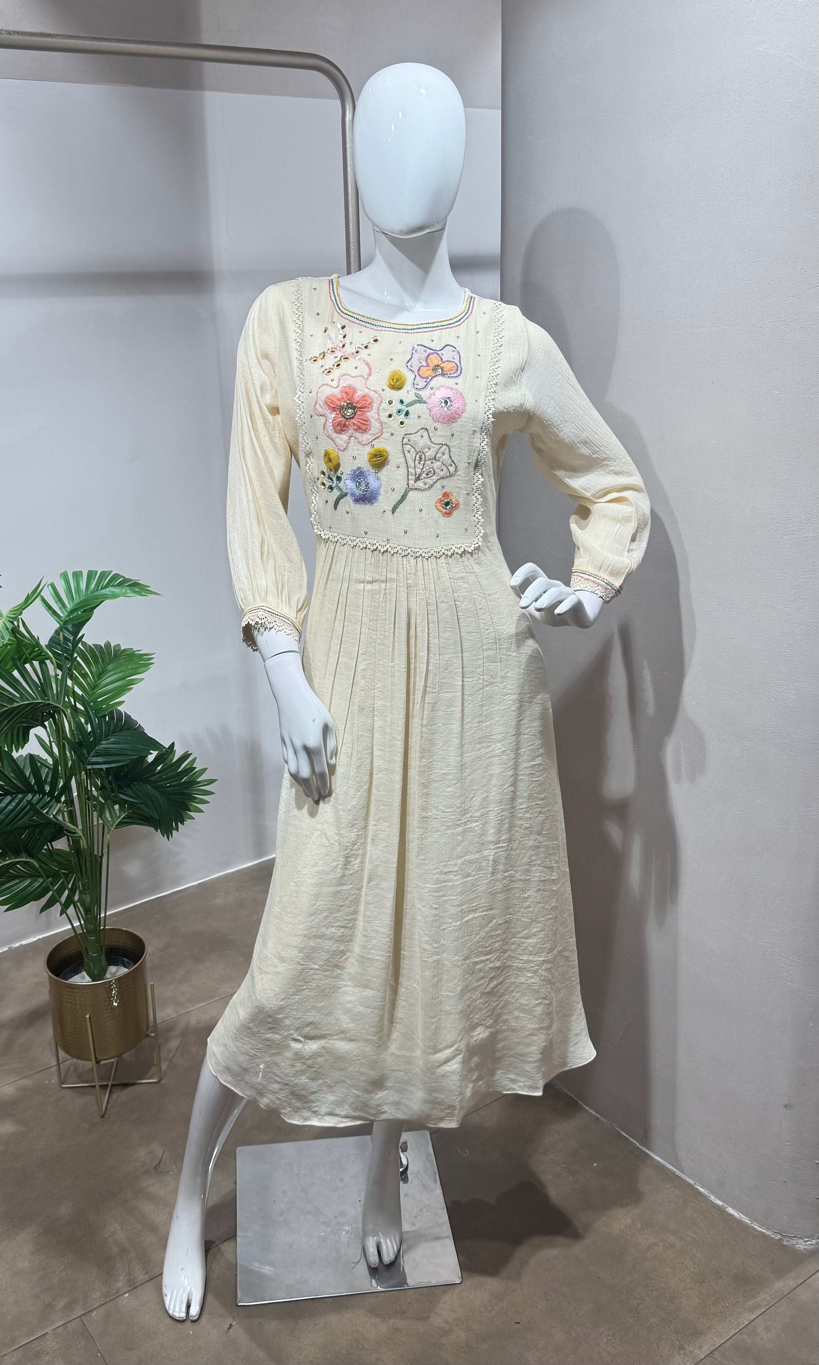cream Floral Embroidered A-Line dress
