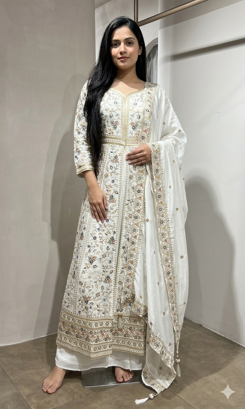White EMBROIDERED FRONT SLIT ANARKALI SET