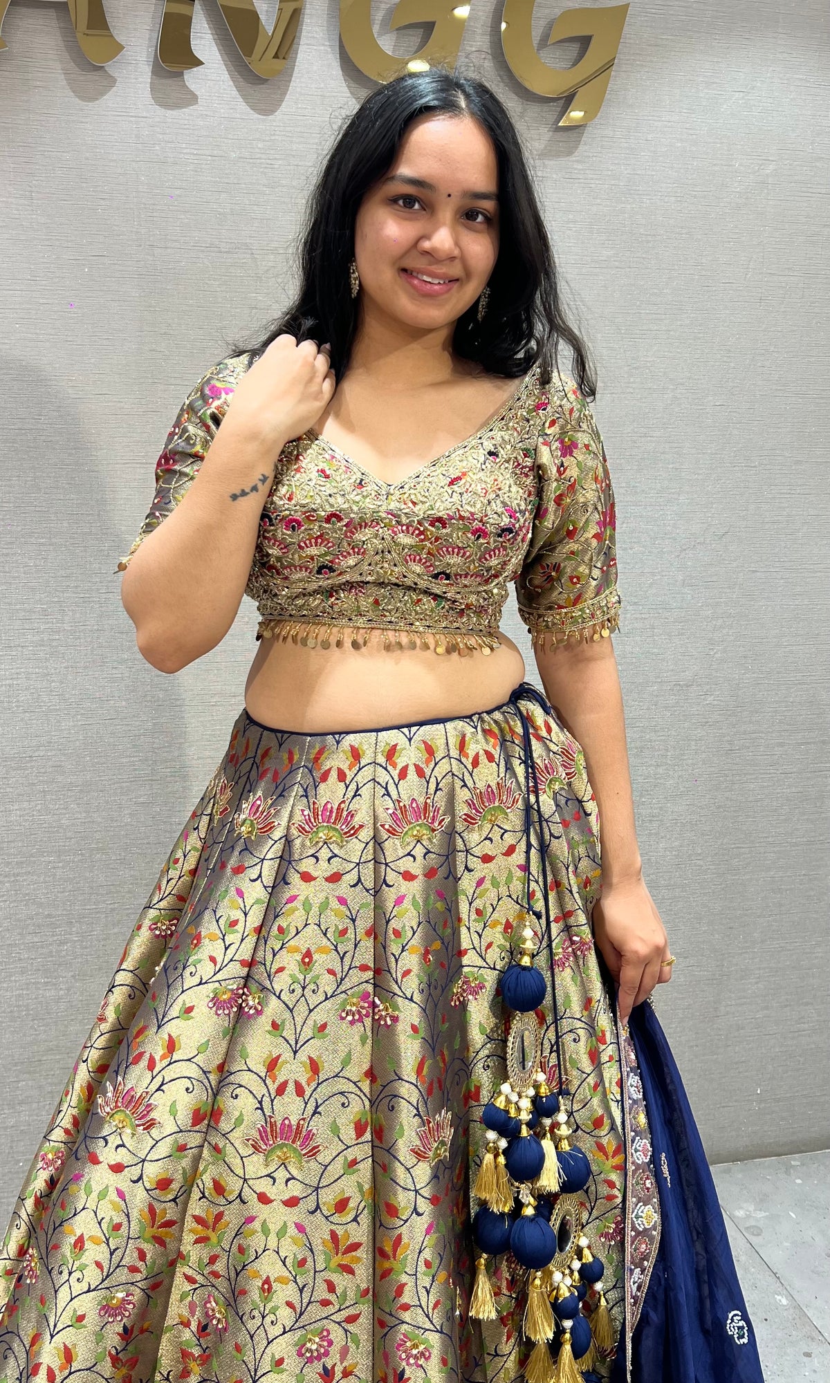 Golden Floral Banarasi Lehenga Set with Navy Blue Silk Dupatta