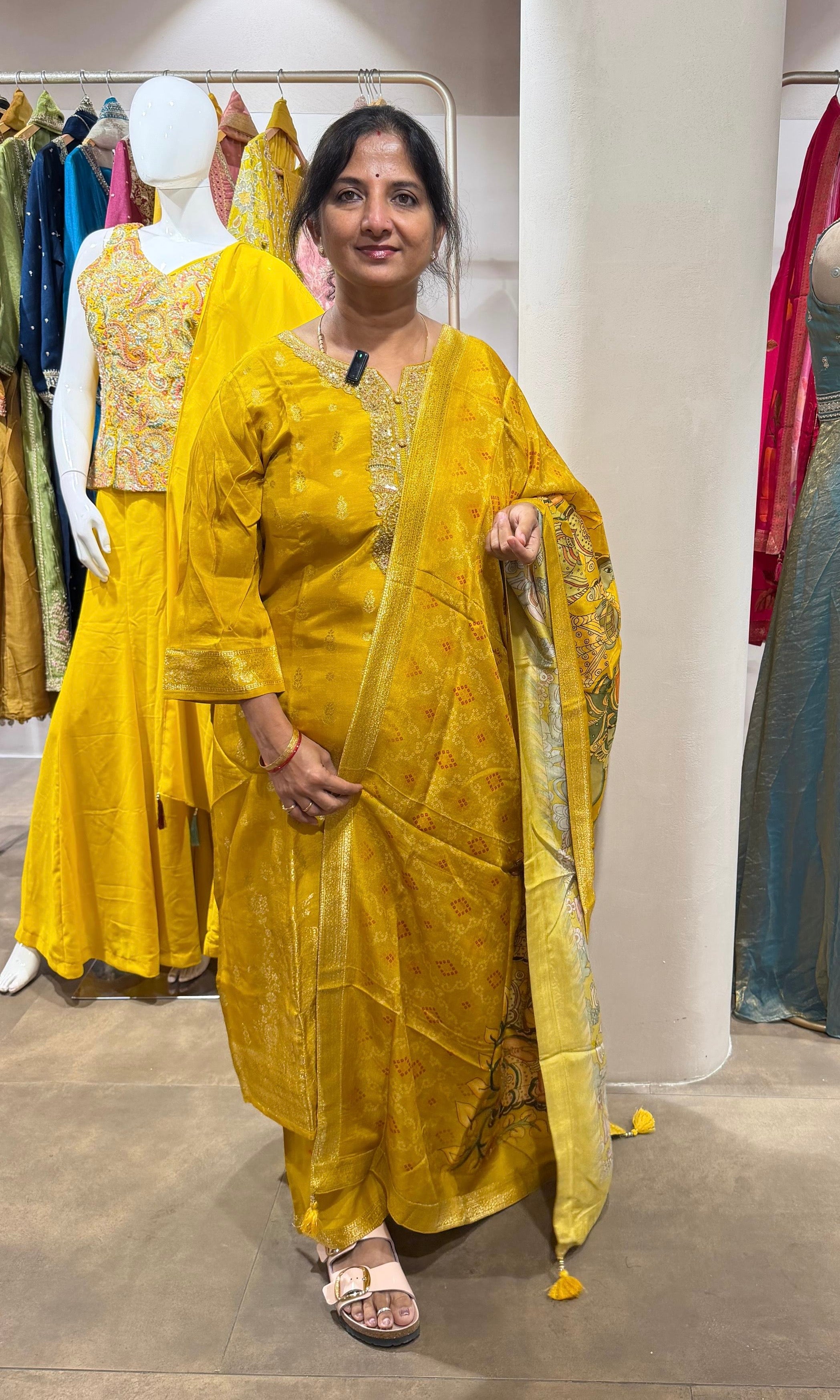 Mustard embroidered kurta set with printed dupatta