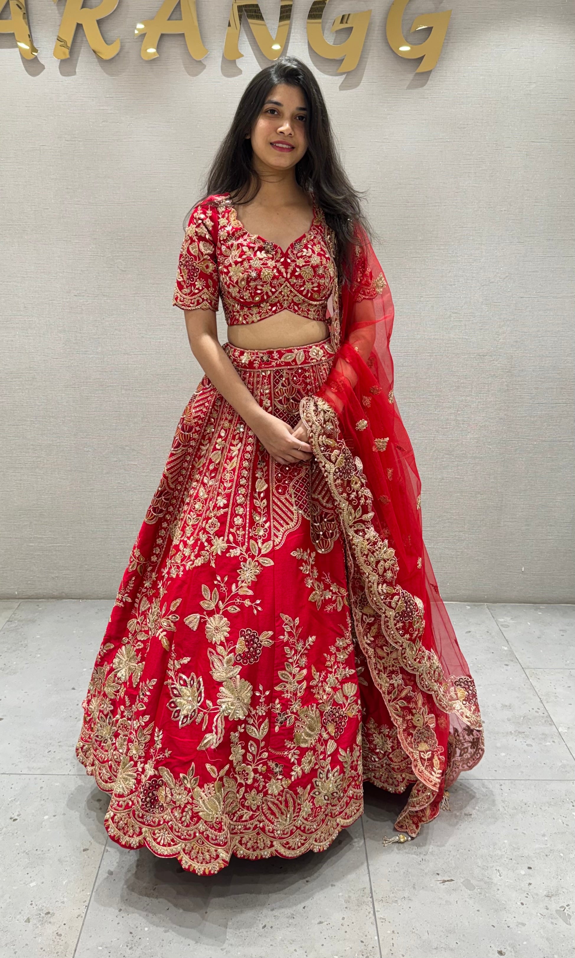 Red GOLDEN FLORAL EMBROIDERED lehenga