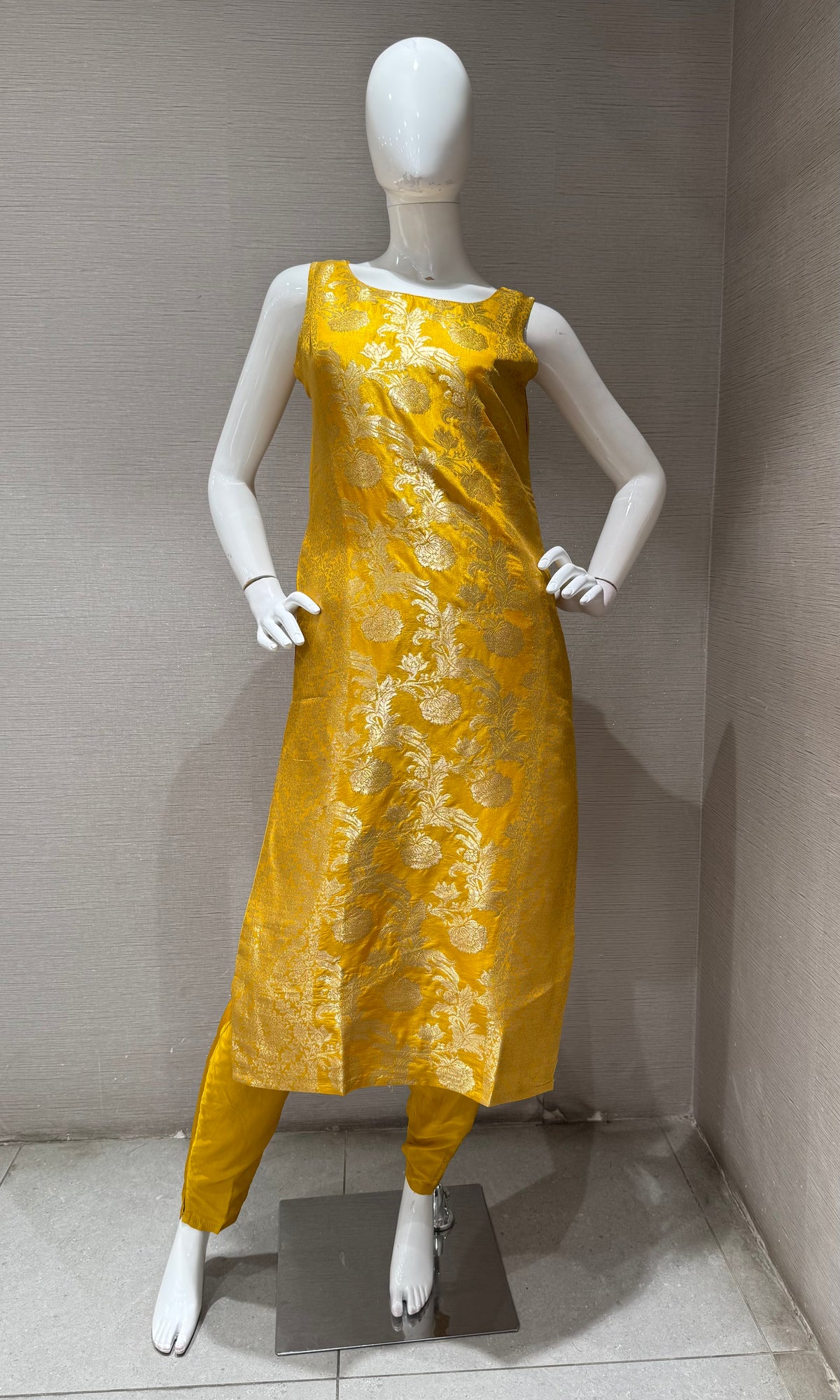 Mustard Banarasi Silk Golden Floral Zari kurta set