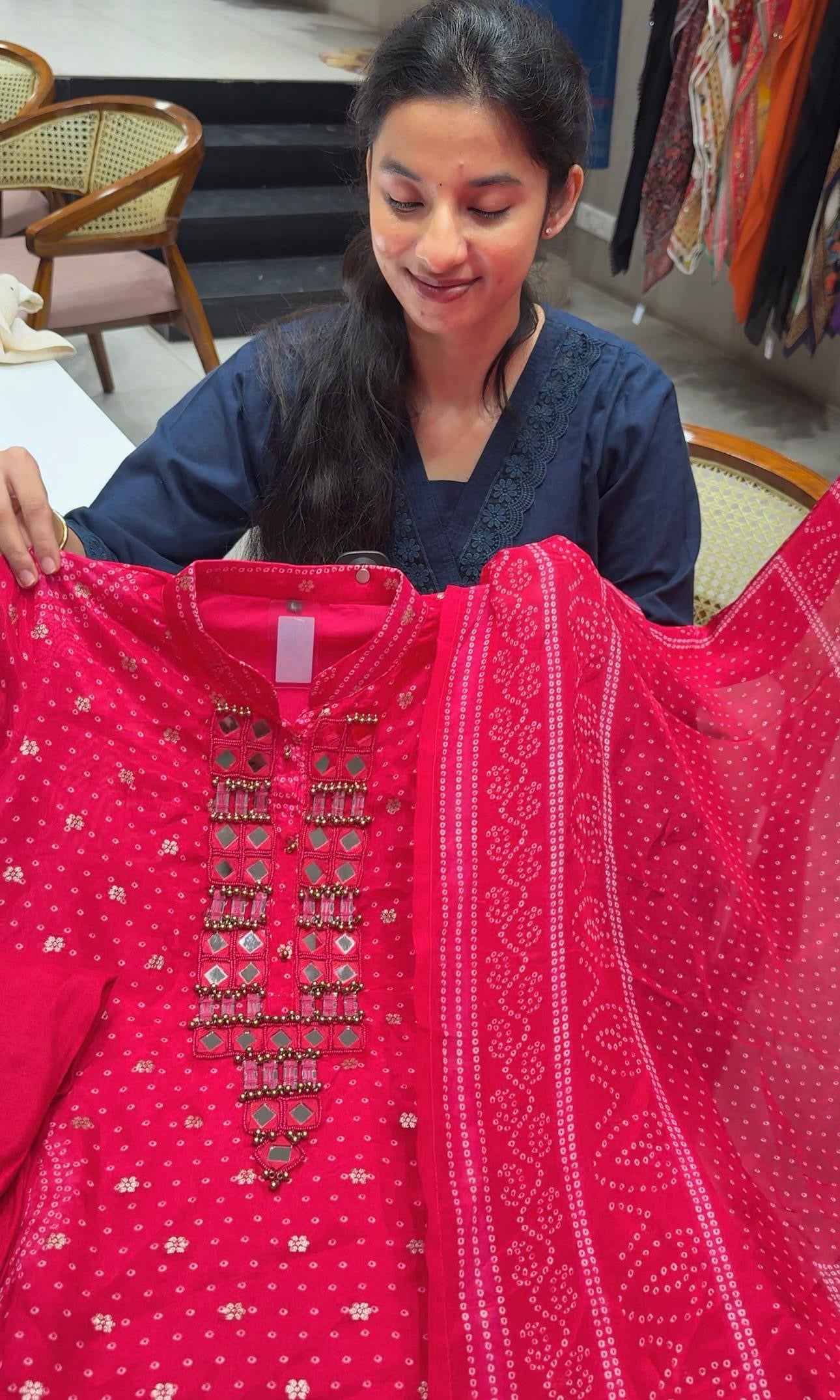 Rani Pink Bandhani Mirror KURTA SET