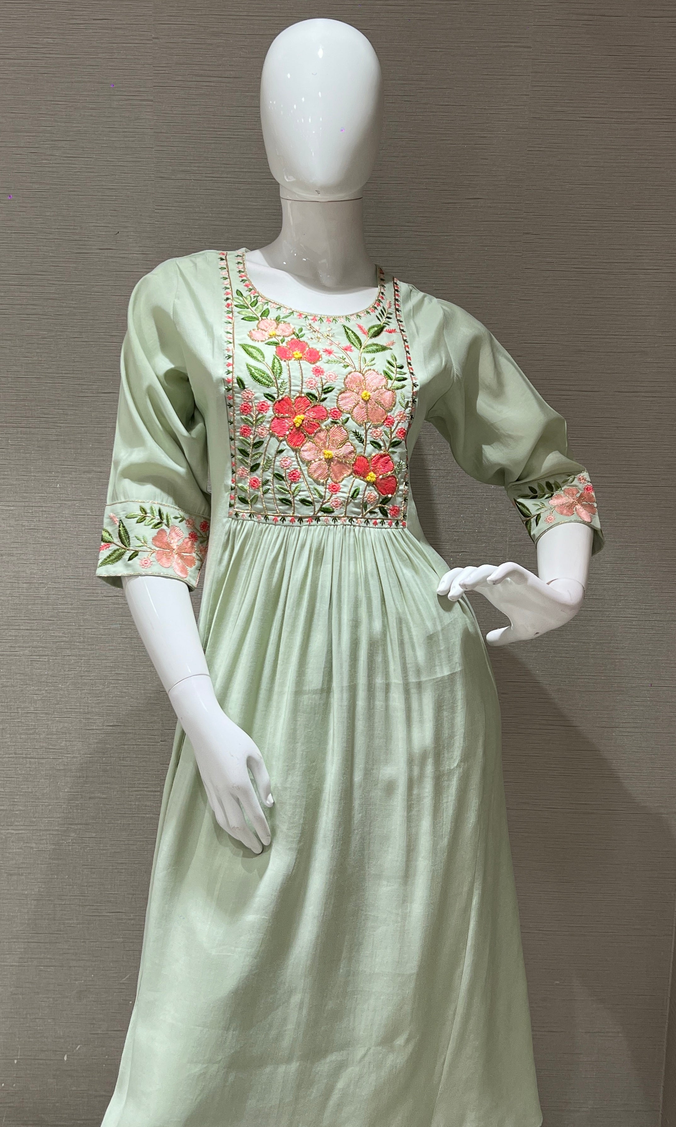 Pista Green Floral Charm Mul Chanderi kurta set