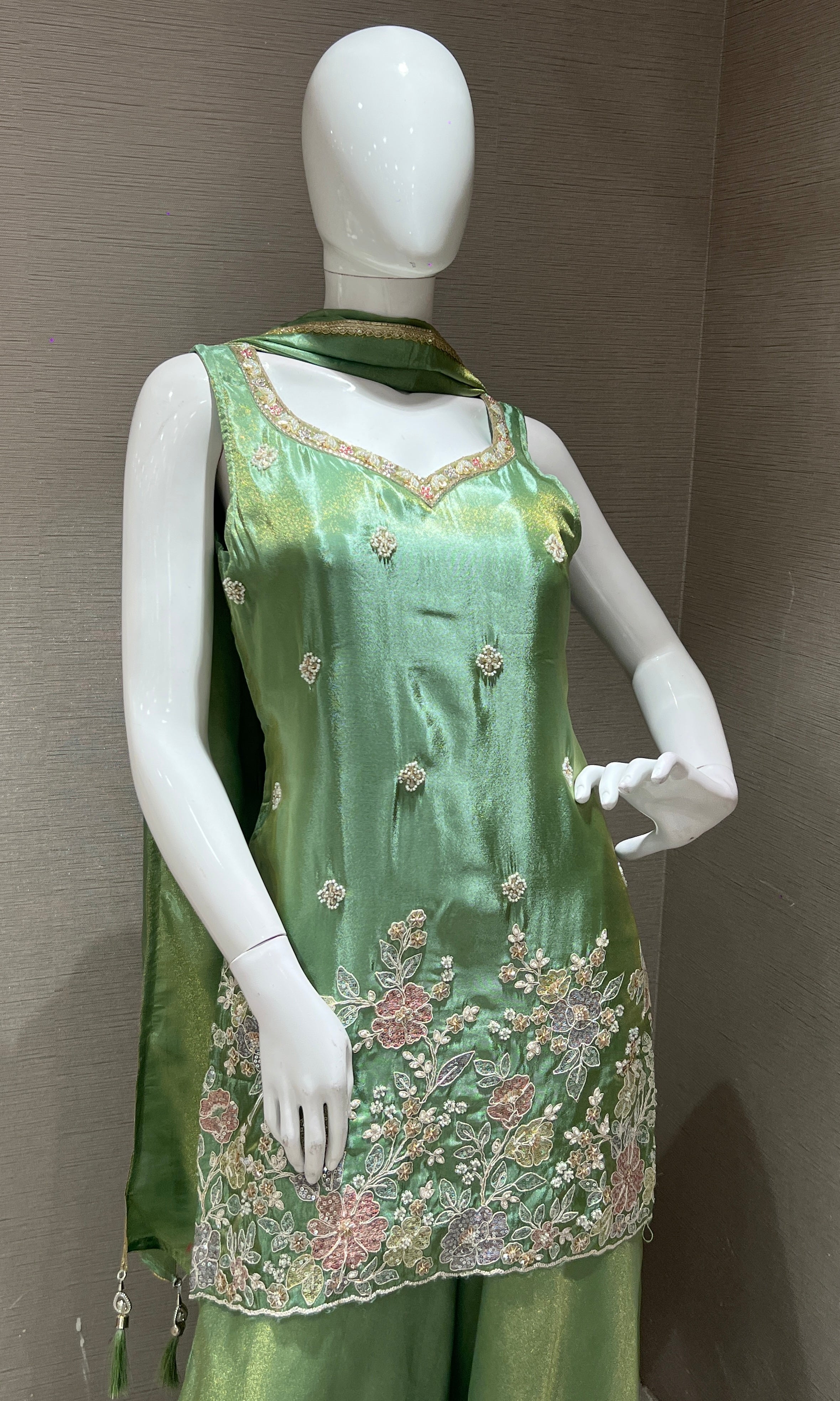 Light Green Floral Embroidered Palazoo