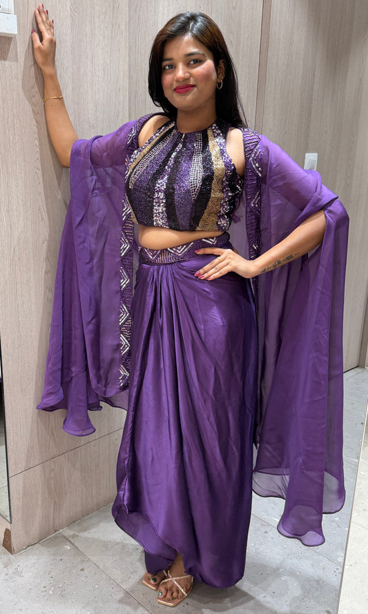 🪻Purple 3 piece Indo western dress with cape🪻