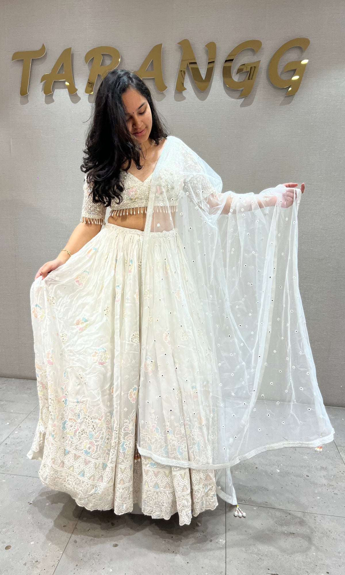 Cream Chikankari Lehenga Set with net dupatta