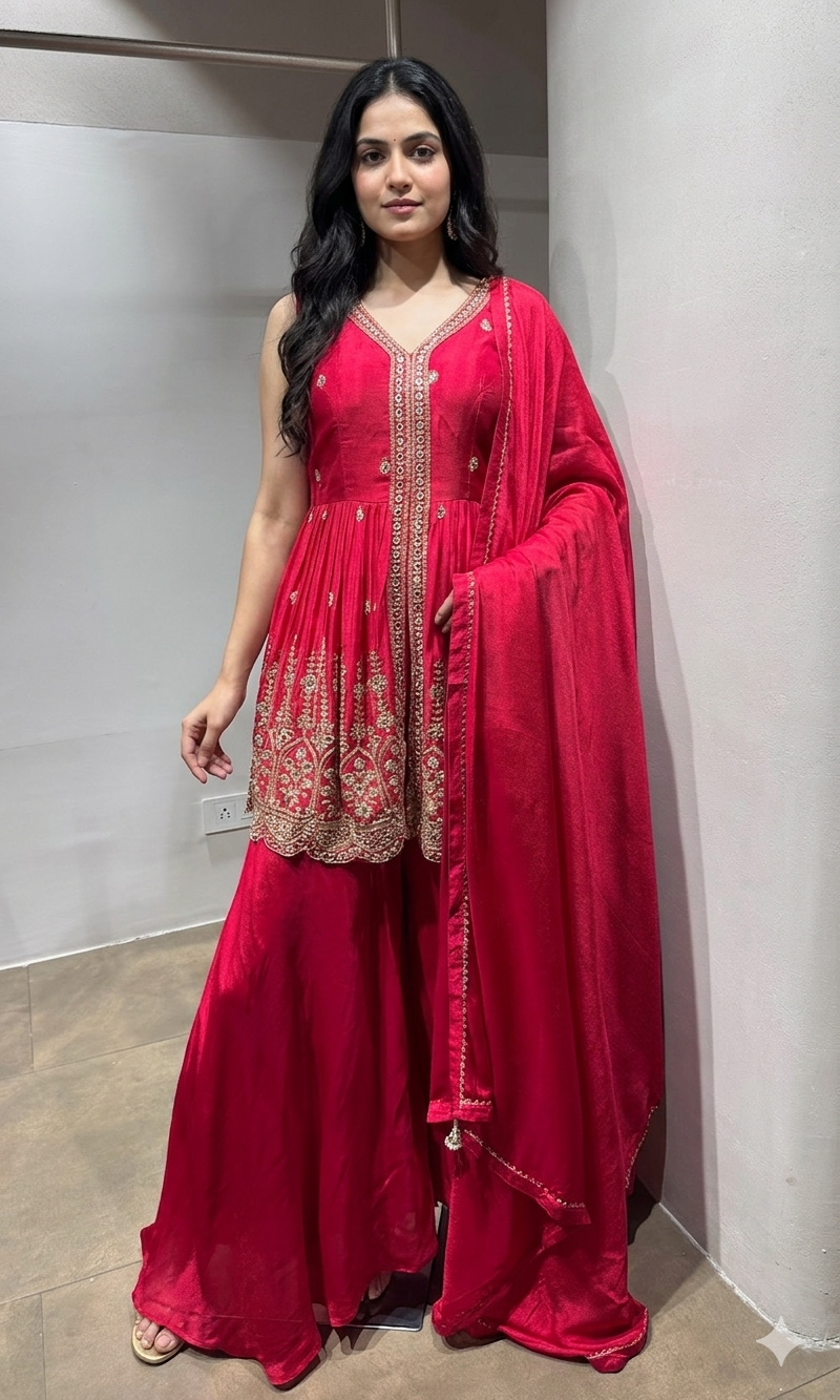 RED Silk Embroidered Palazzo with Dupatta