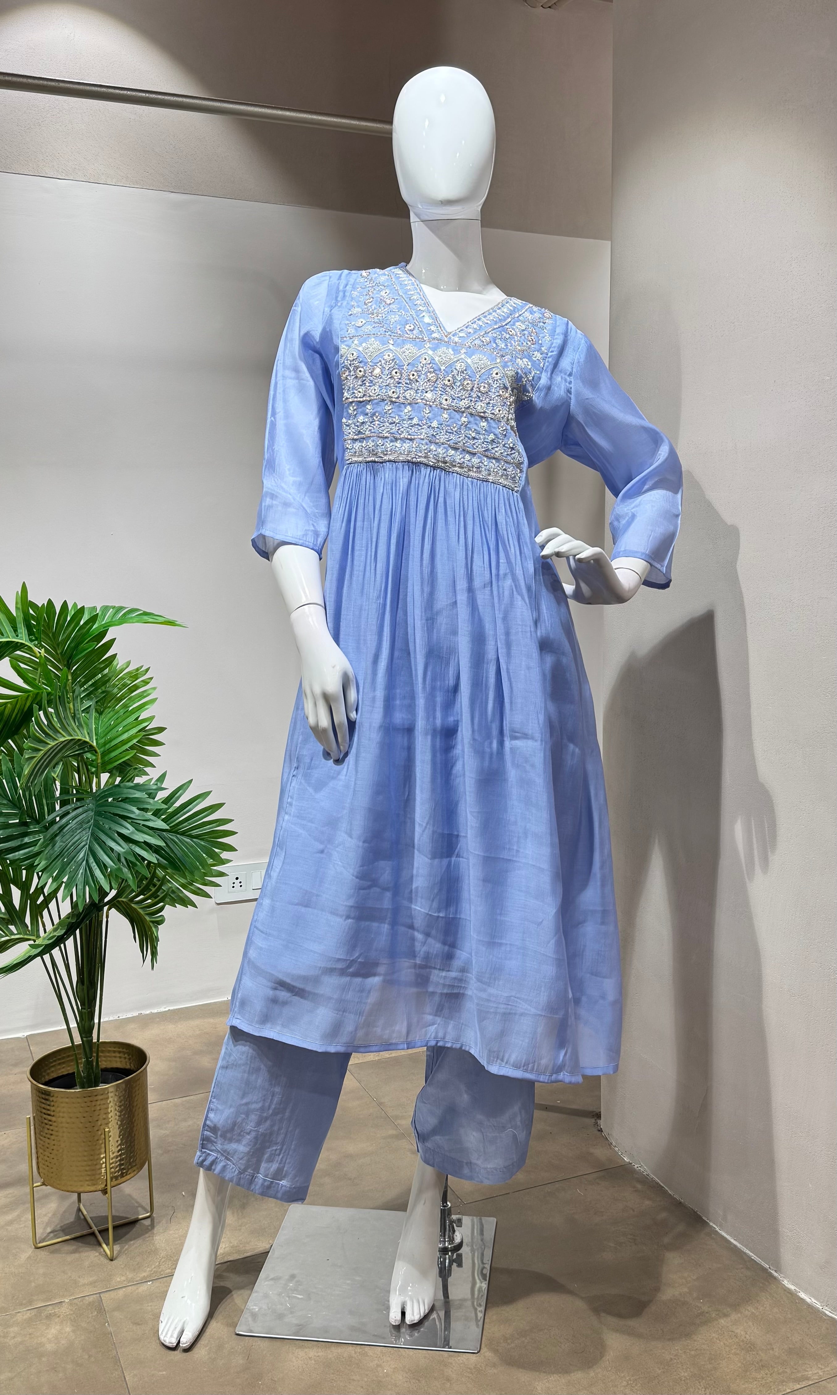 Sea blue pearl mul chanderi kurta set