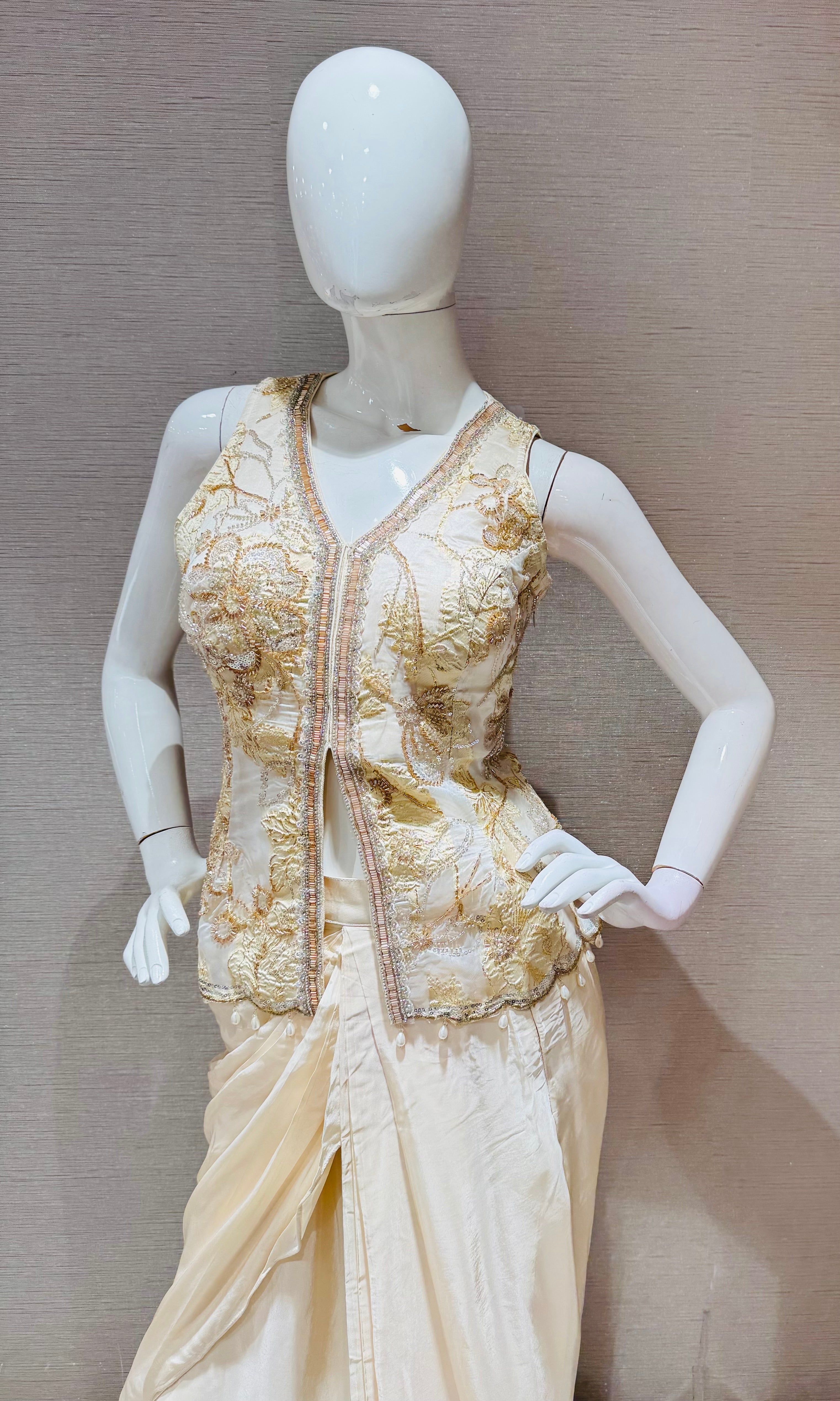 Cream gold embroidered jacket and draped skirt