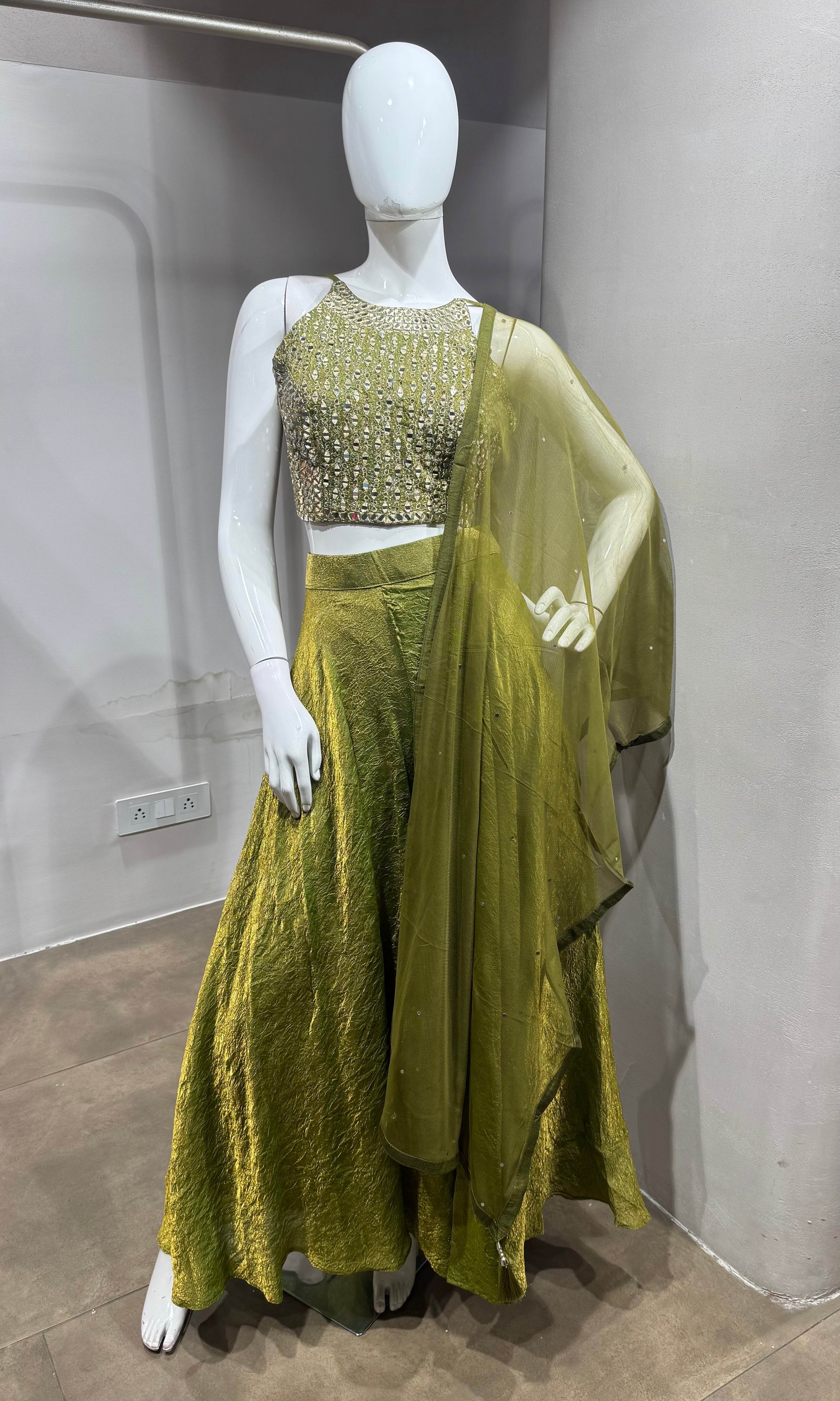 green embellished halter-neck palazzo set