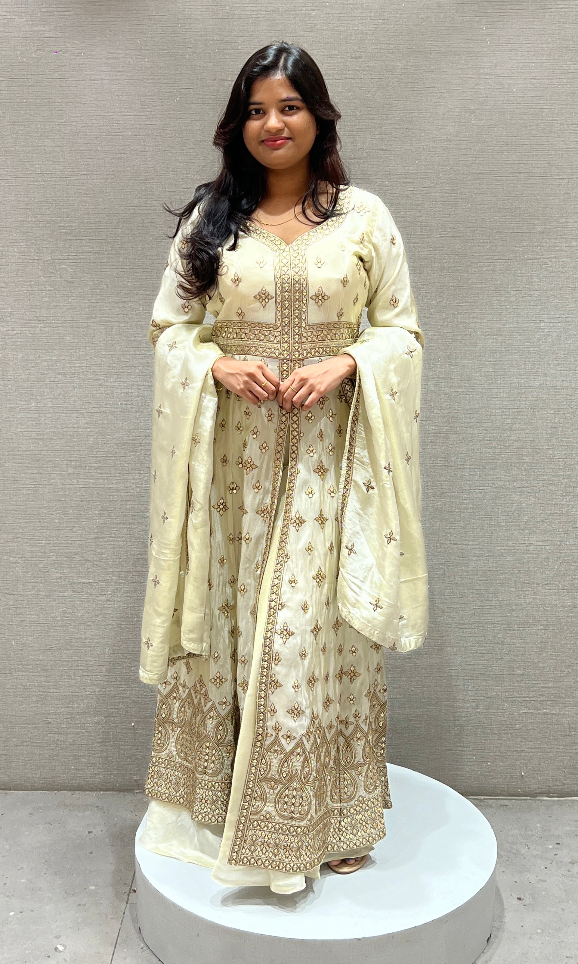 Cream and Gold Anarkali Long Gown