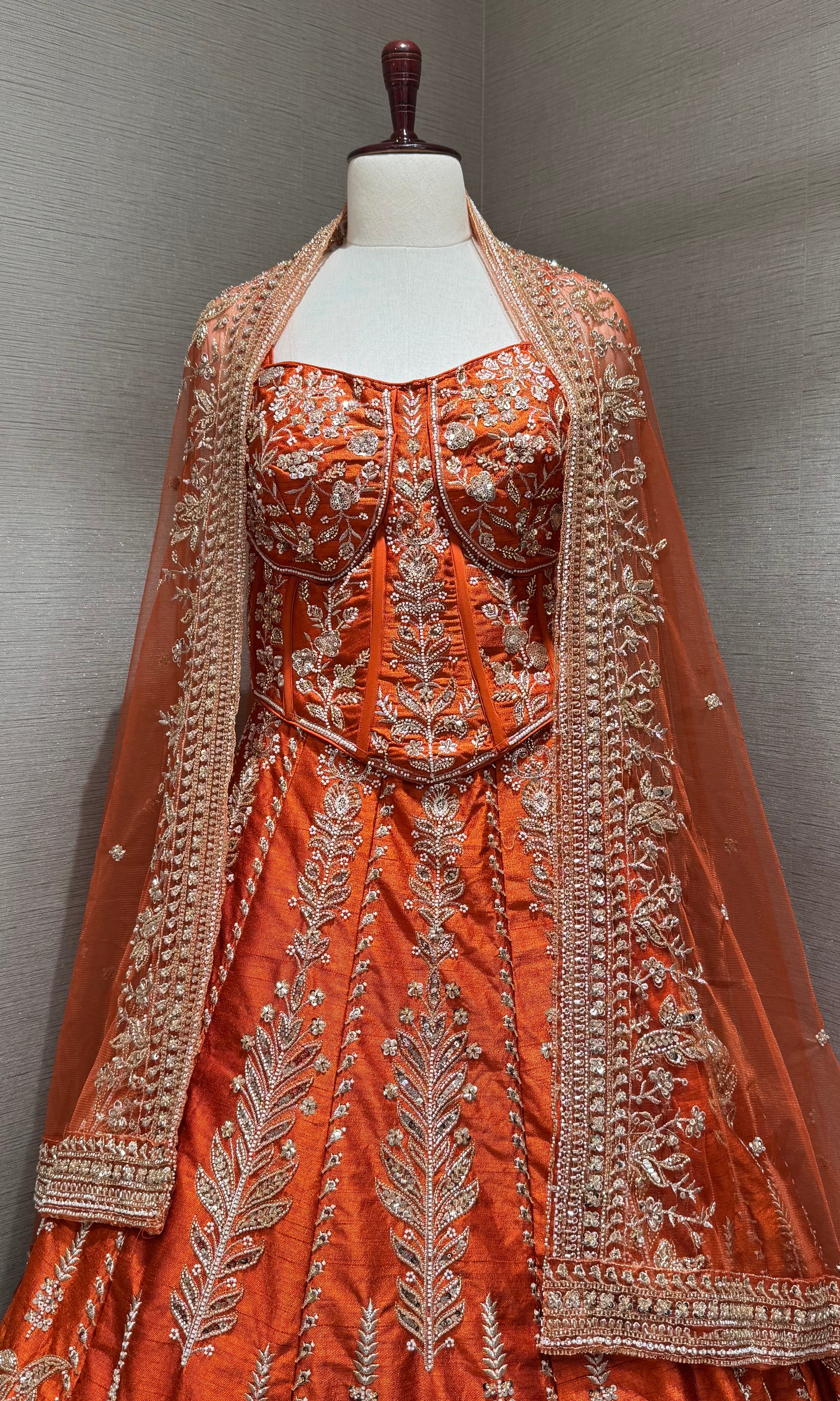 Orange Embroidered Peplum crop top Lehenga Set