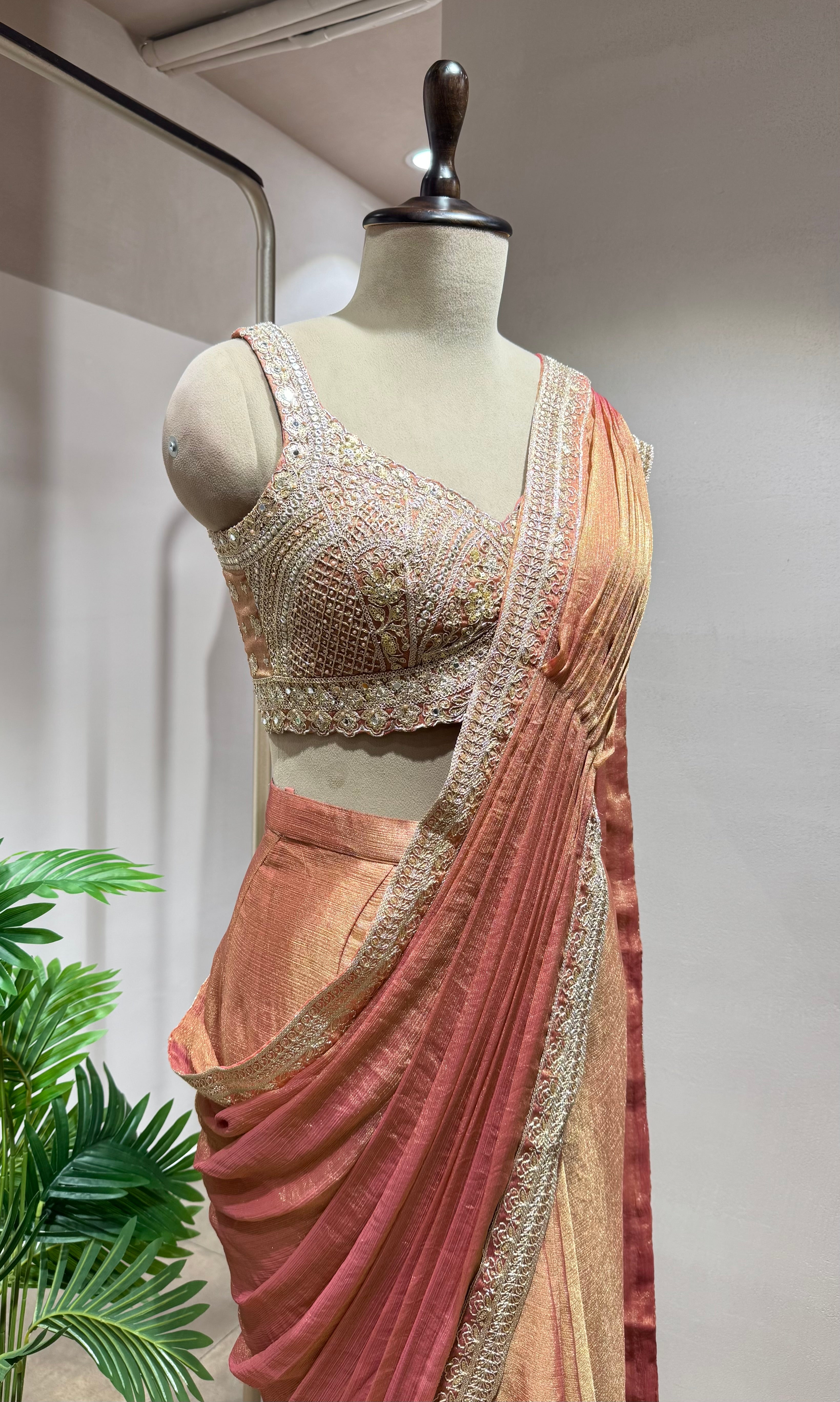 RUST PLEATED DRAPE Saree with EMBELLISHED Blouse