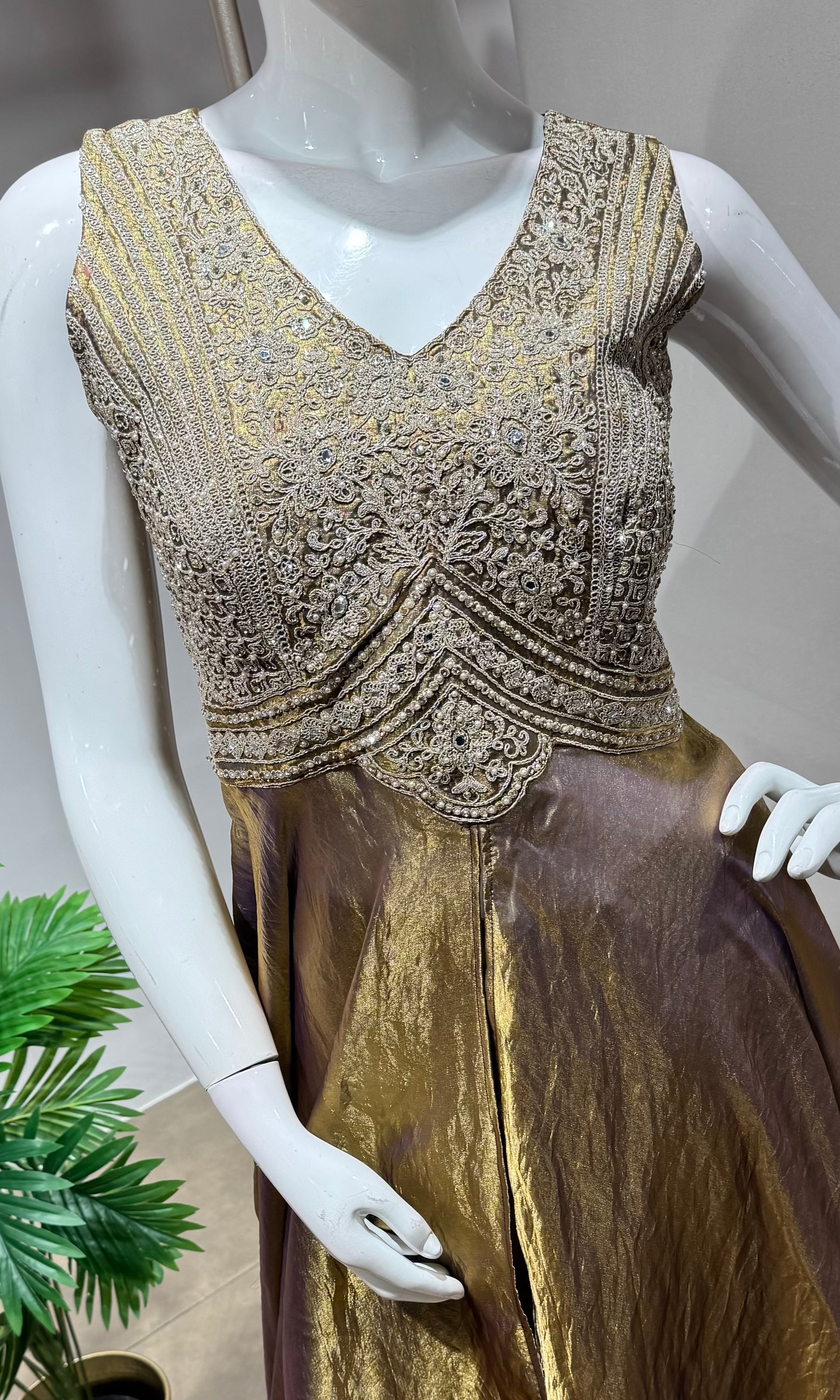 Brown gold shimmer tissue A line anarkali