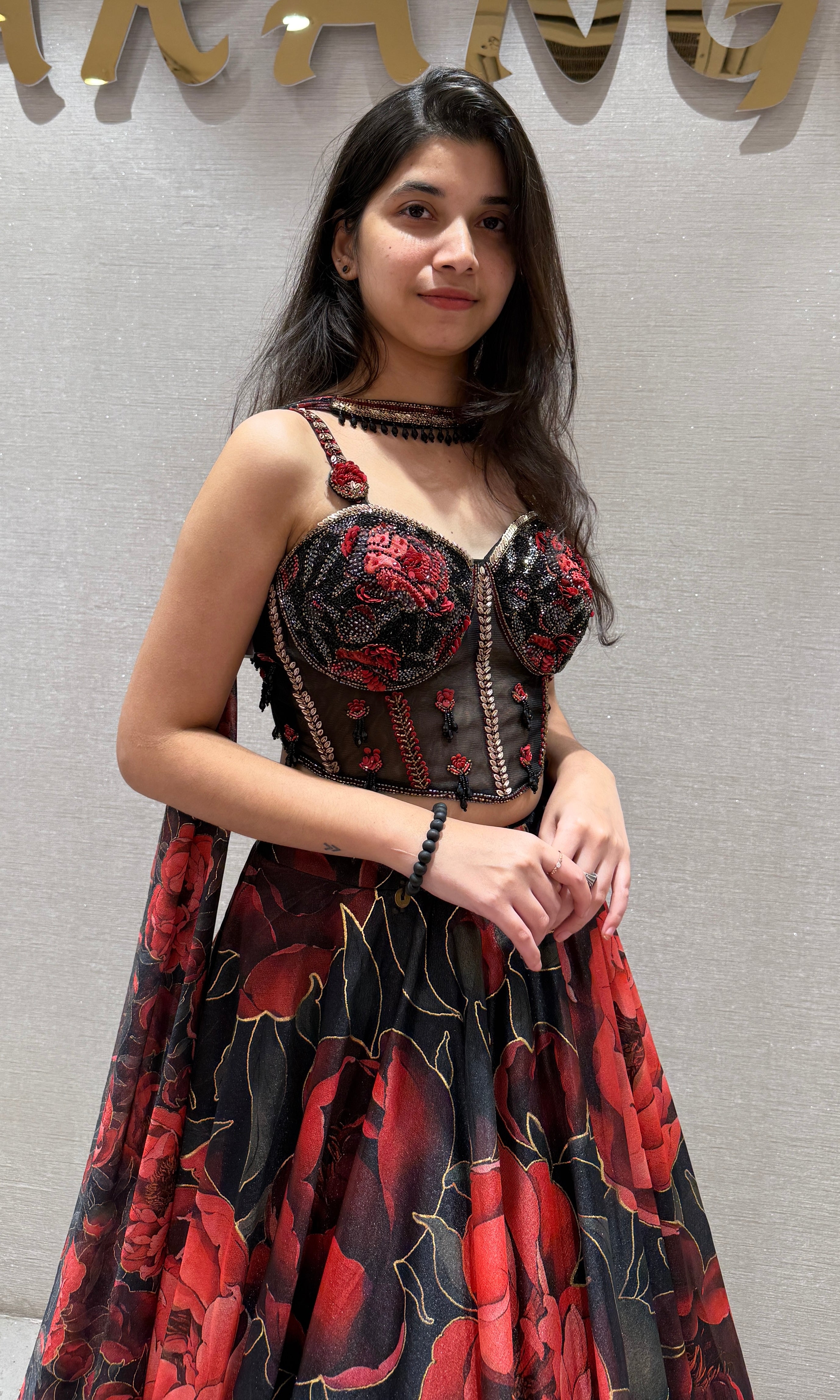 Black Red Floral Printed Lehenga Set