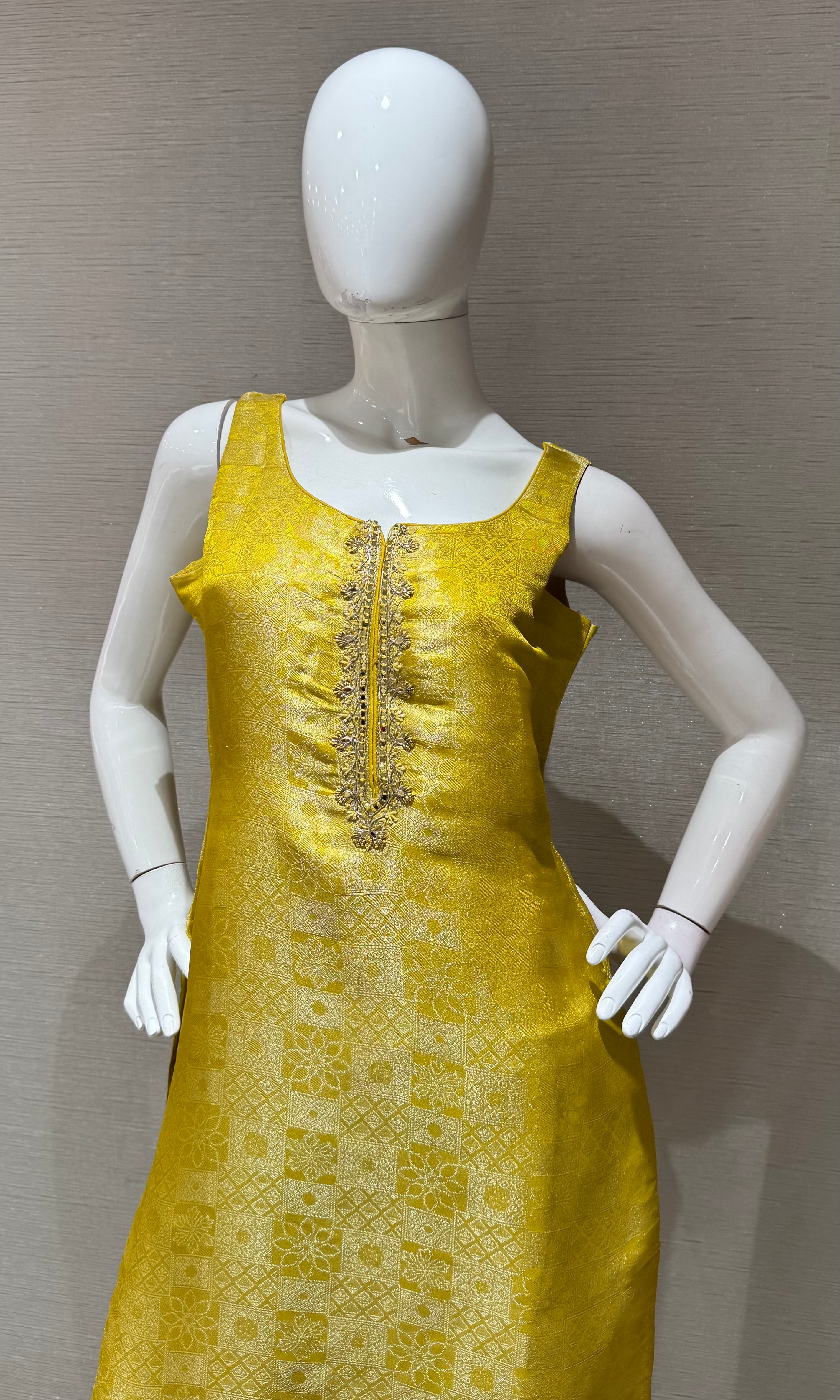 Yellow silk jaquard Kurta set