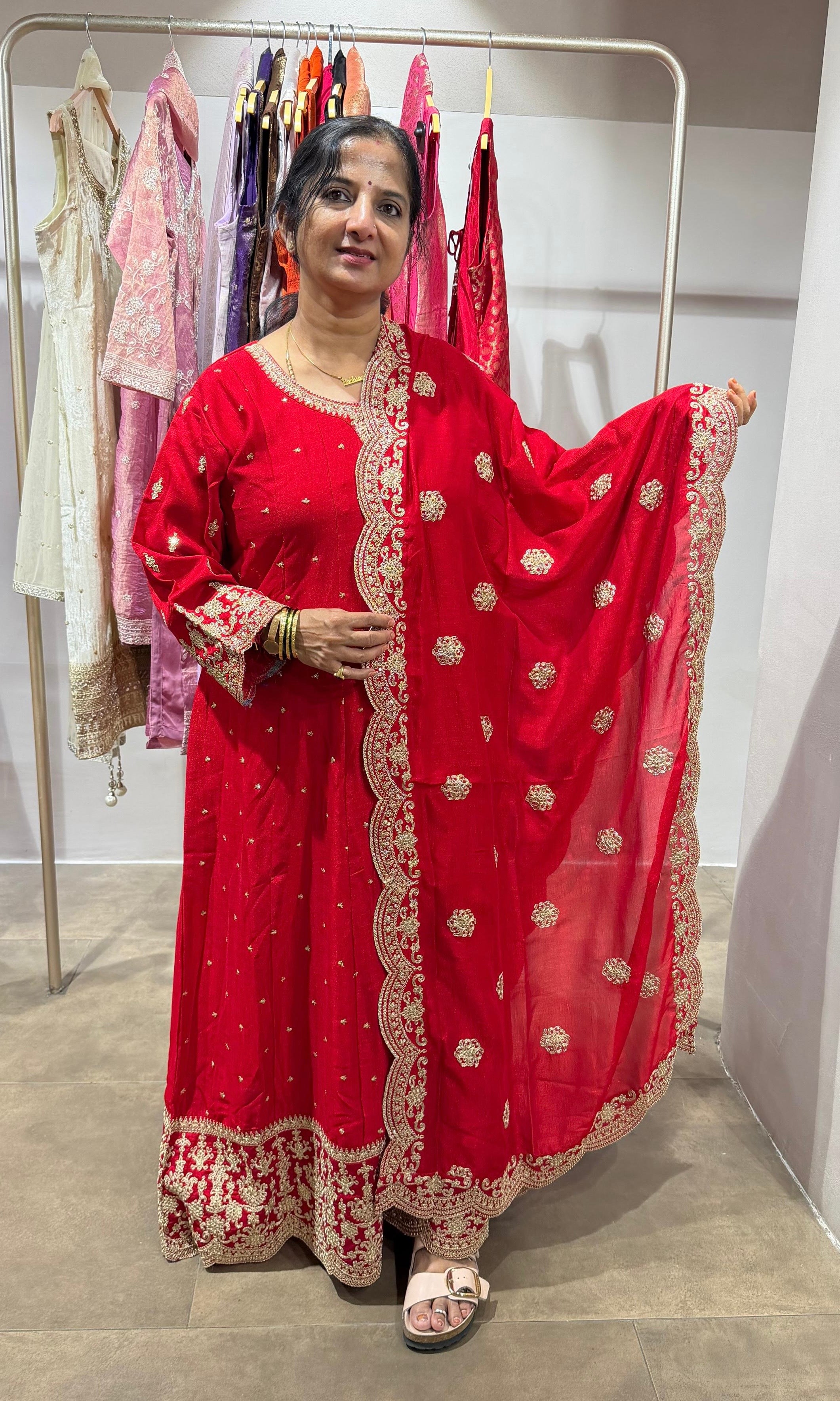Red Golden Embroidered Anarkali Set