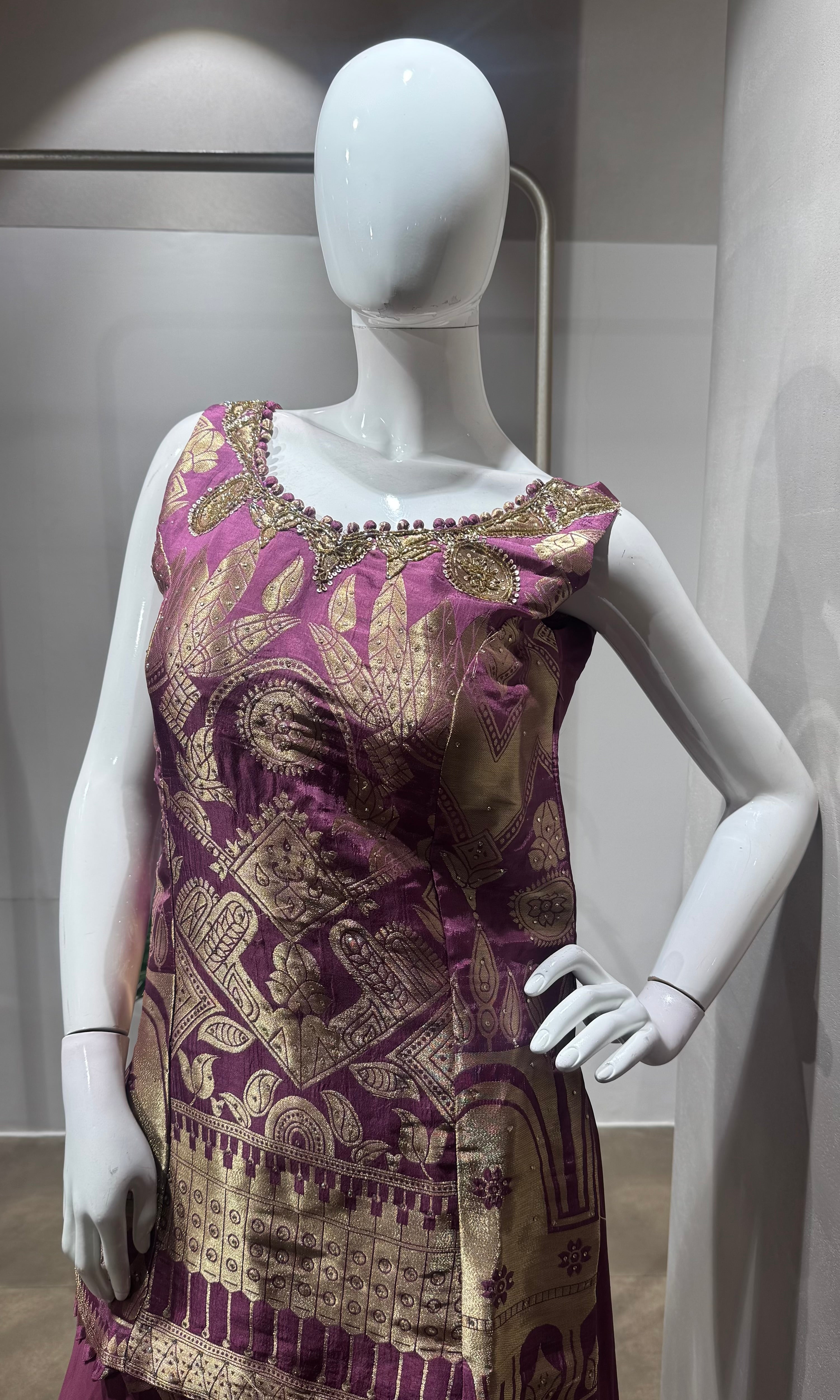 wine golden zari embroidered sharara set