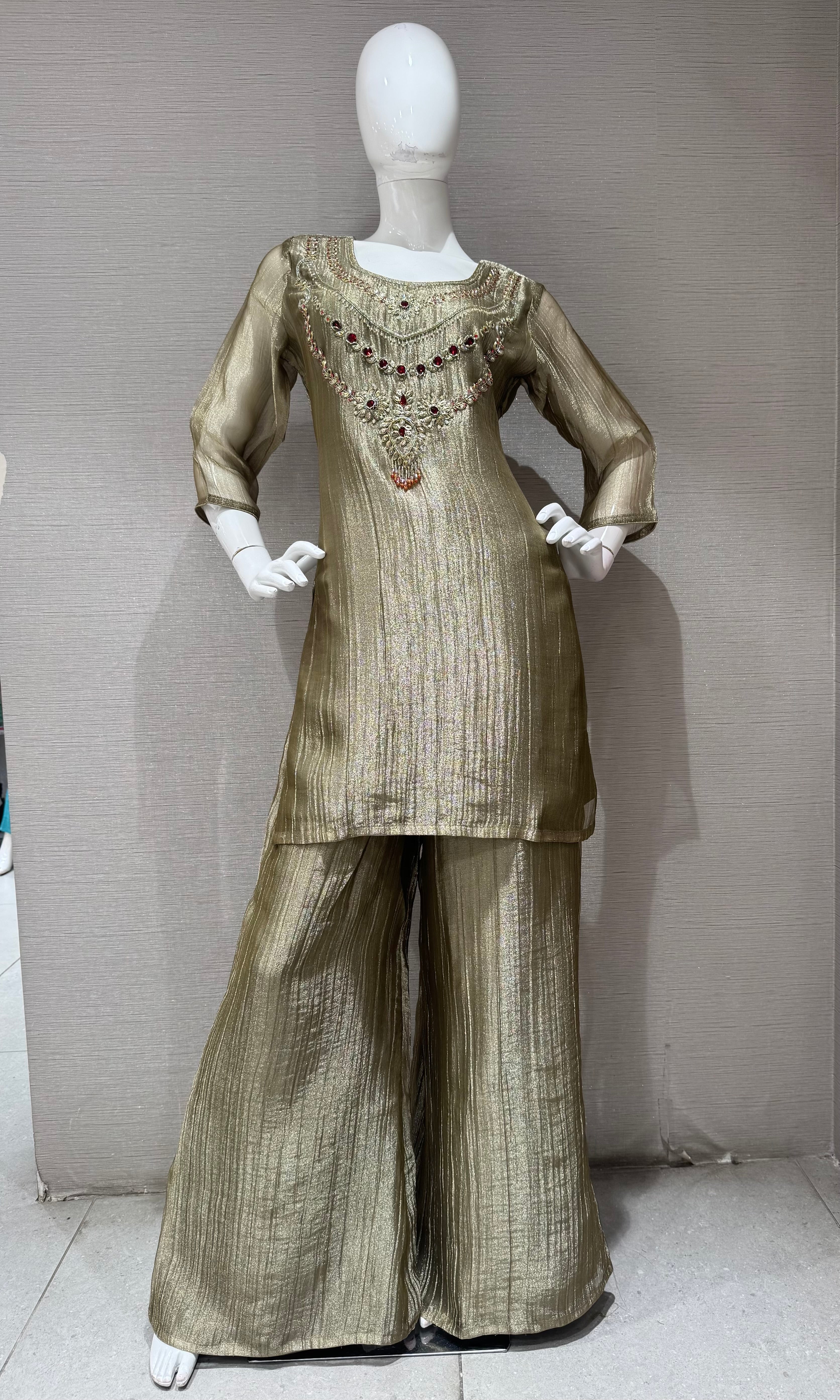 Olive green Shimmer Cord Palazzo Set