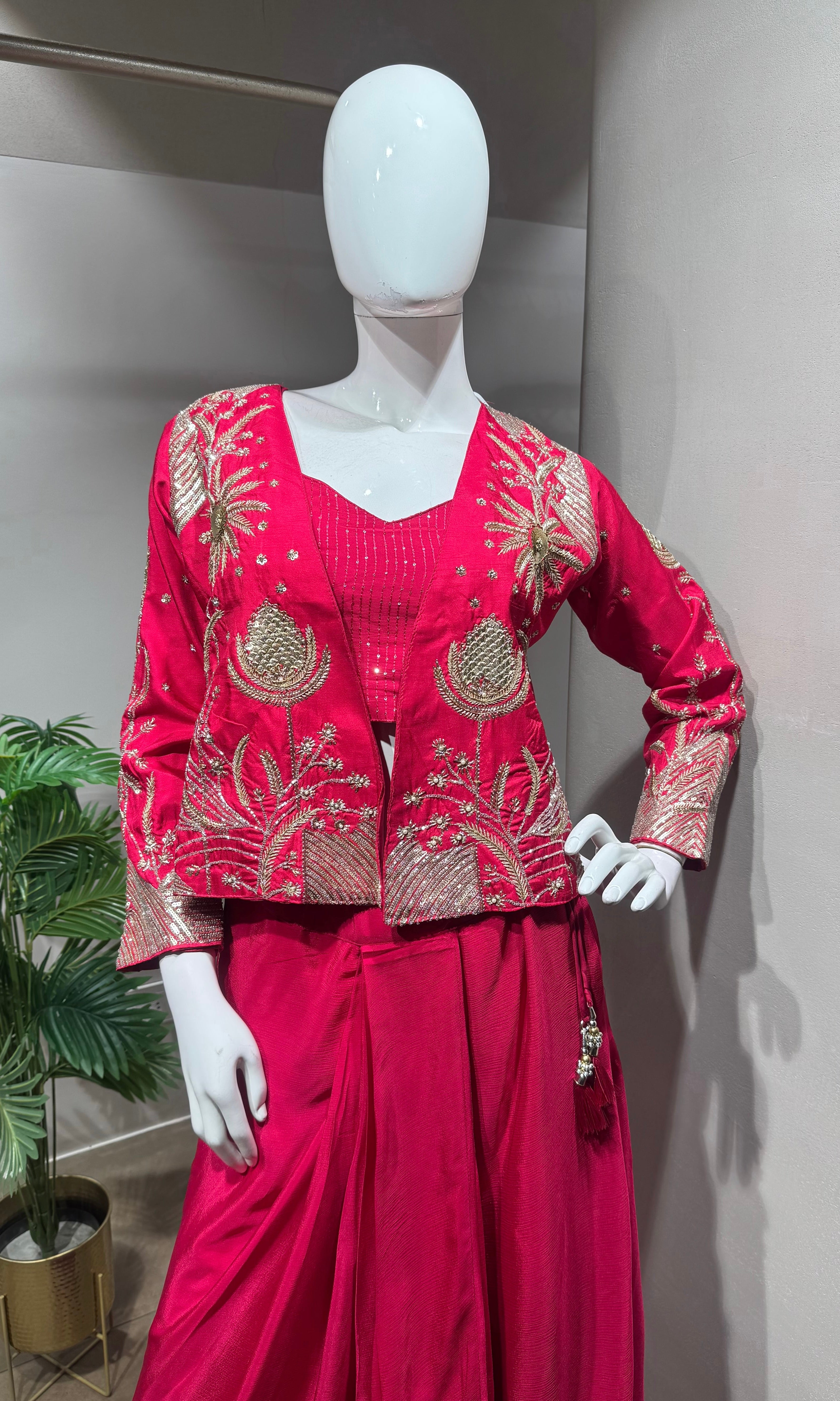 Rani Pink Indo-Western Set with Pearl Jacket