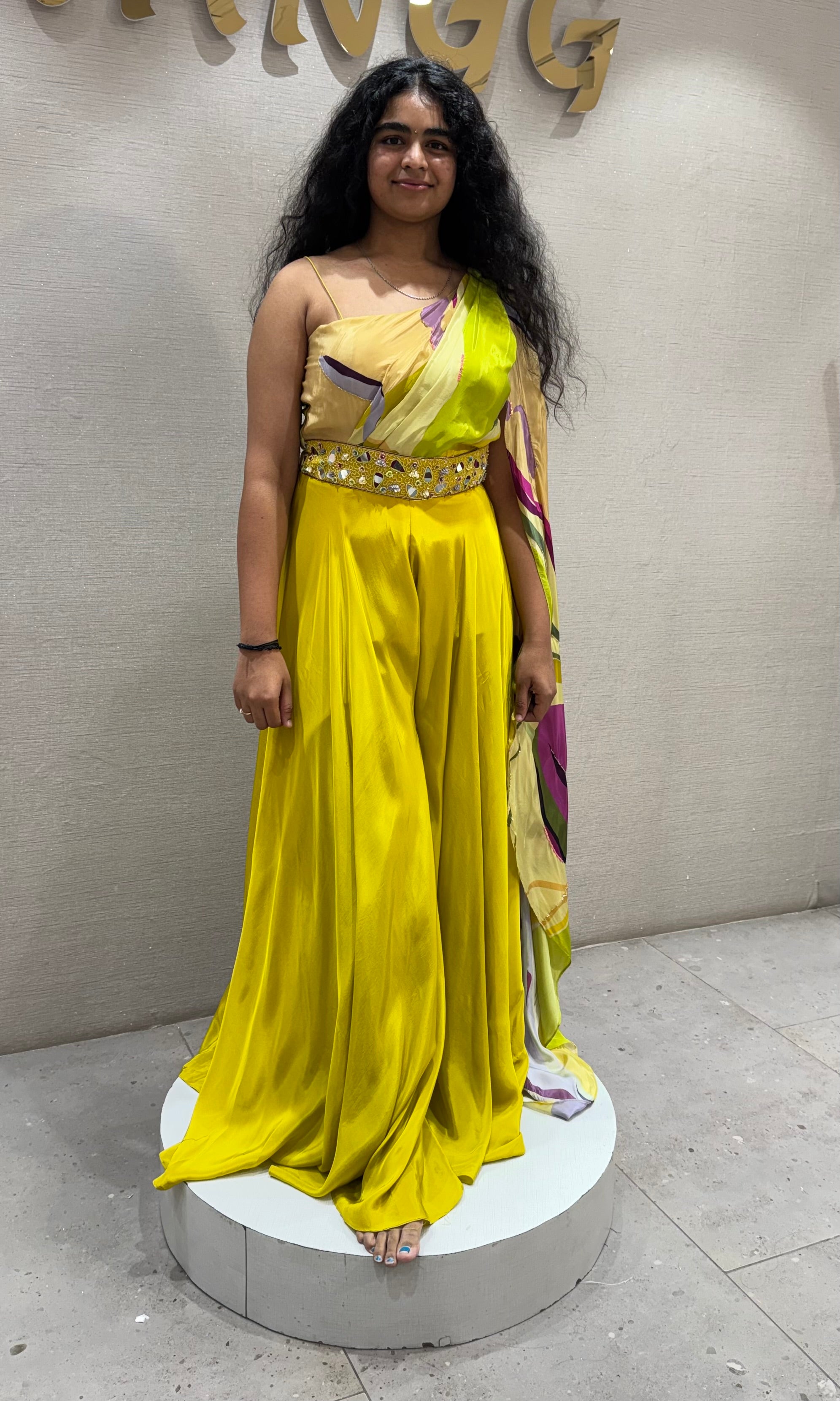 Lemon Green Draped Gown with Belt